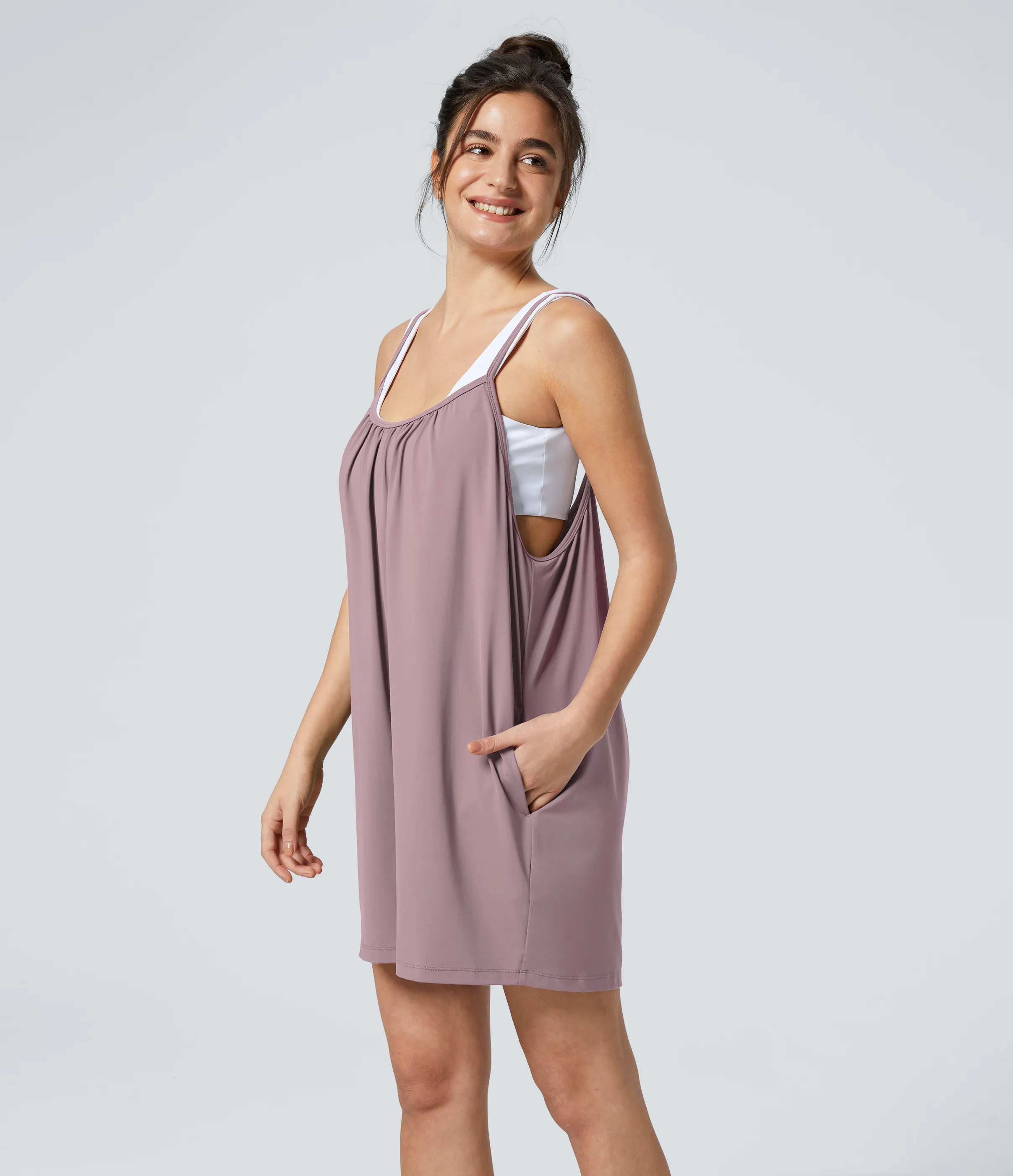 Halara Mono pierna ancha liso bolsillo lateral plisado correa ajustable espagueti - Keepsake Lilac - XS(regular) sold by Halara product image thumbnail 5