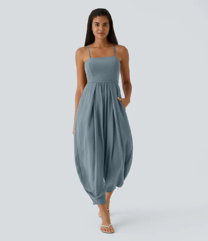 Halara Mono plisado con tirantes finos de espalda descubierta con bolsillo lateral y botones - Dusty Cyan Blue - L(regular) made by Halara