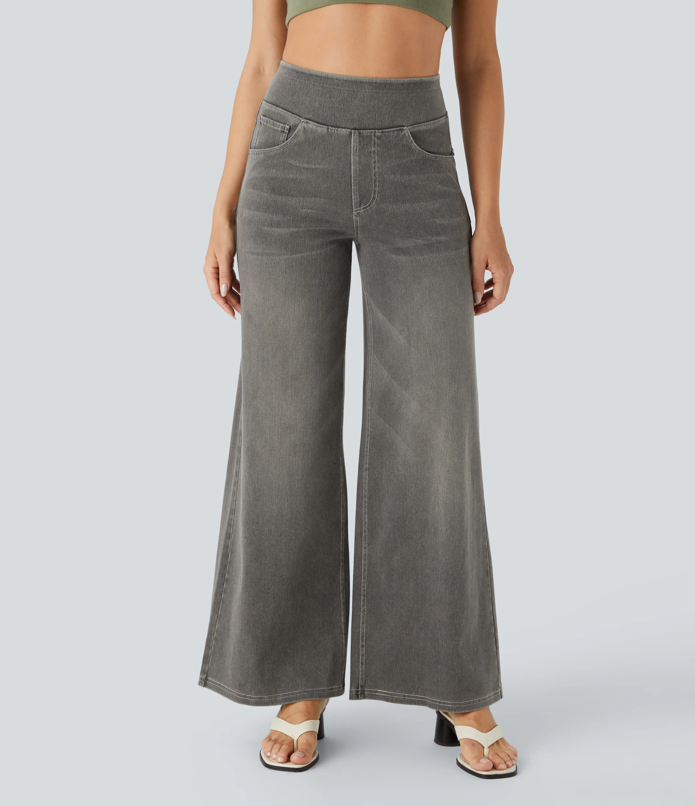 Halara Jeans Baggy Halara Flex™ Denim elástico lavado múltiple bolsillo tiro alto pierna ancha - Black Iron Gray Denim - XL(tall) sold by Halara