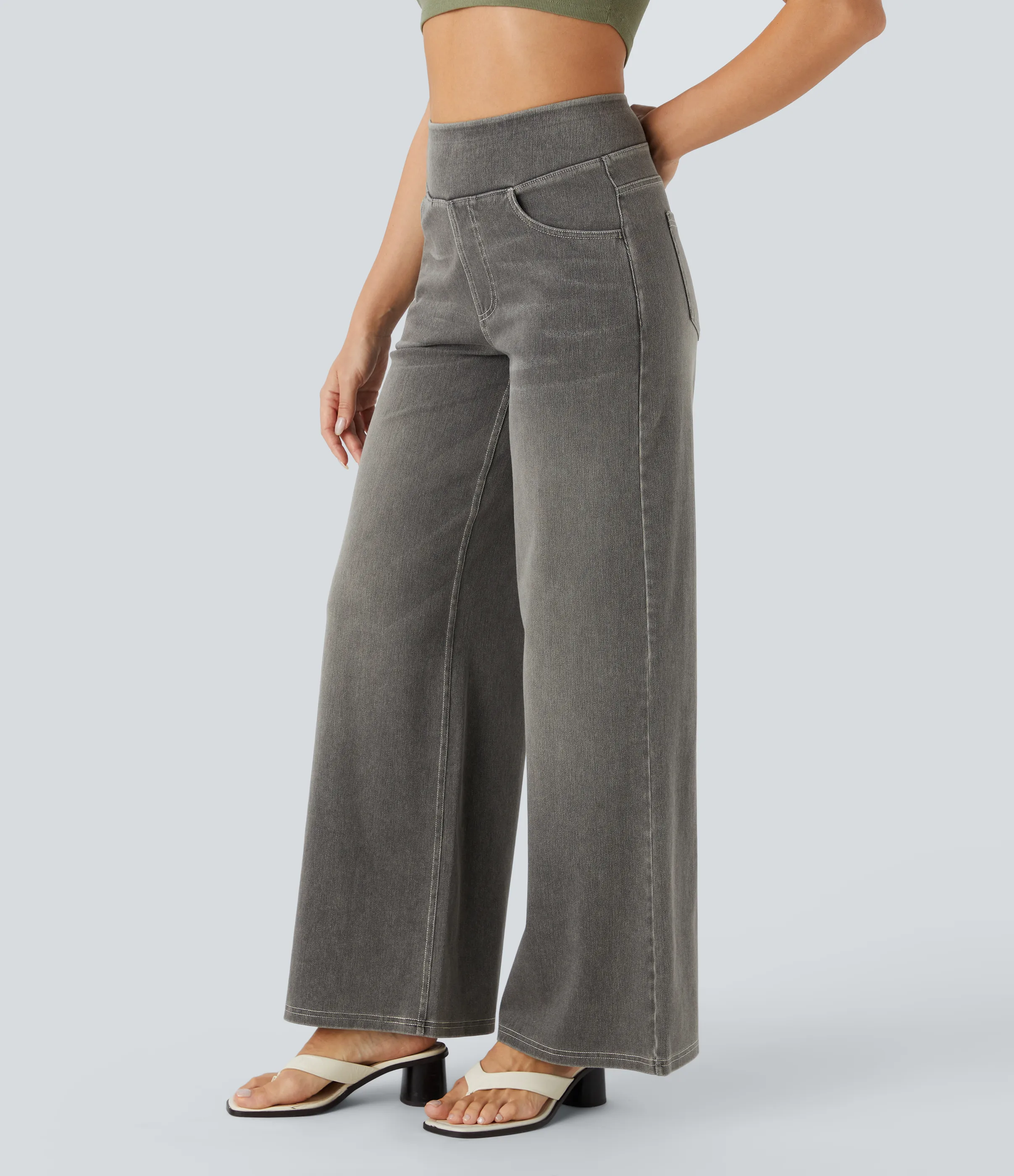 Halara Jeans Baggy Halara Flex™ Denim elástico lavado múltiple bolsillo tiro alto pierna ancha - Black Iron Gray Denim - XL(tall) sold by Halara product image thumbnail 4