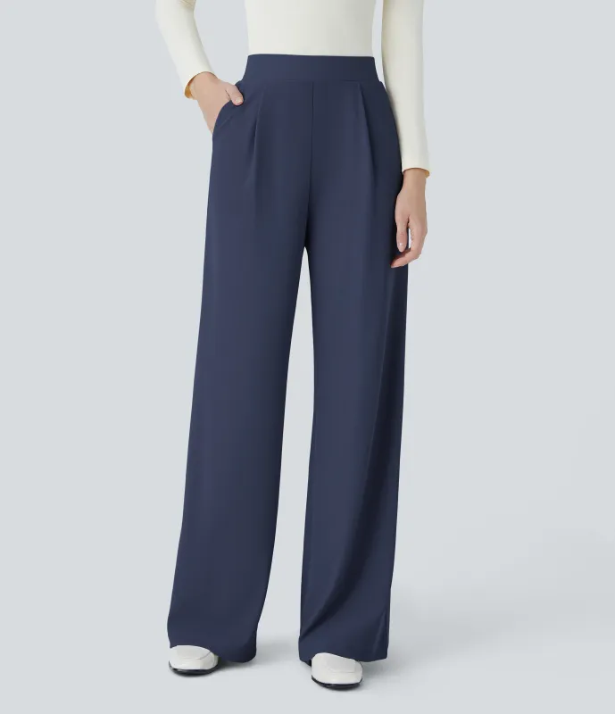 Halara Pantalón Halara Flex™ oficina tiro alto control abdomen adelgazan tiro bolsillo lateral pierna ancha micro gofre - Mood Indigo - XL(petite) sold by Halara