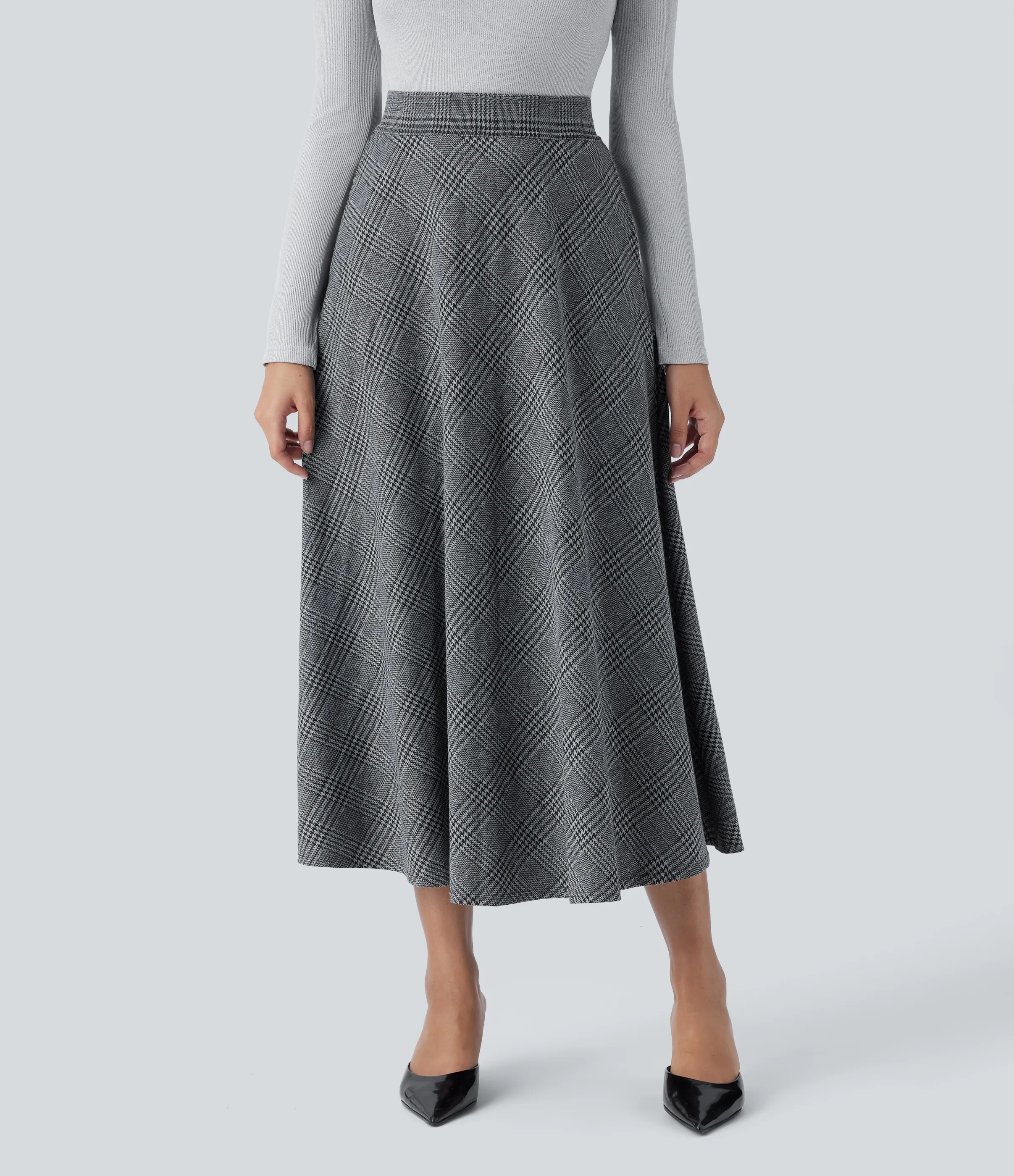 Halara Falda midi acampanada cuadro pata gallo bolsillo lateral tiro alto - Dark Gray Plaid - M(regular) sold by Halara