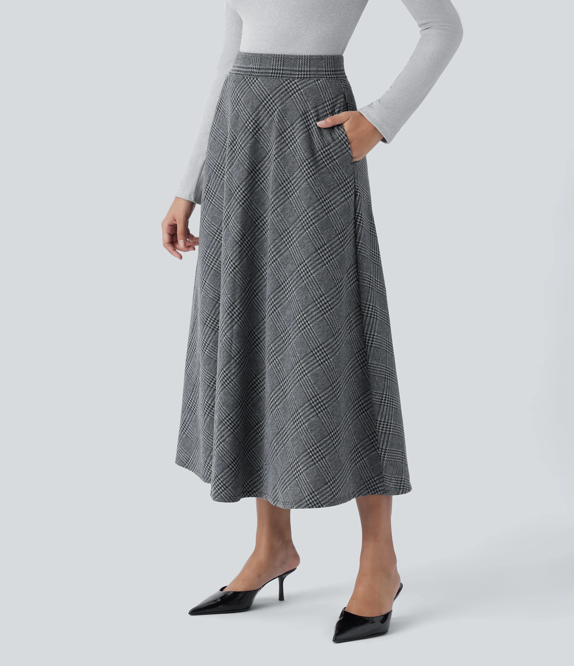 Halara Falda midi acampanada cuadro pata gallo bolsillo lateral tiro alto - Dark Gray Plaid - M(regular) sold by Halara product image thumbnail 4