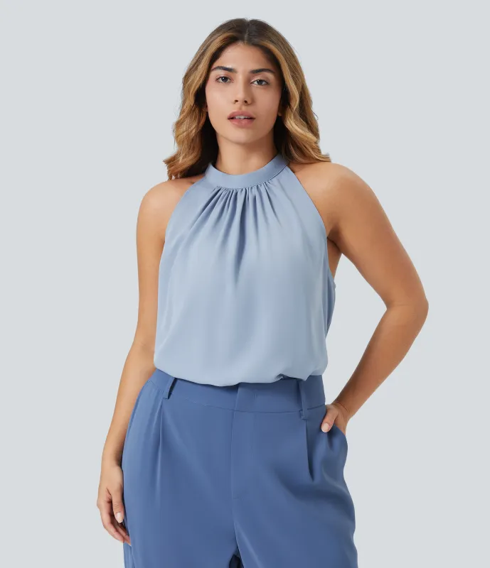 Halara Blusa oficina cuello halter sin mangas dobladillo curvo abertura espalda talla grande - Skyride - 3X made by Halara