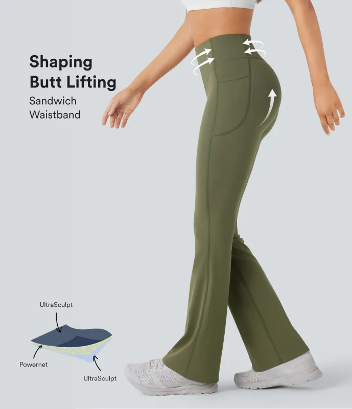 Halara Leggings SoCinched UltraSculpt Bootcut yoga tiro alto realce glúteo bolsillo lateral control abdomen moldeador - Grass Grey Green - L(extall) made by Halara