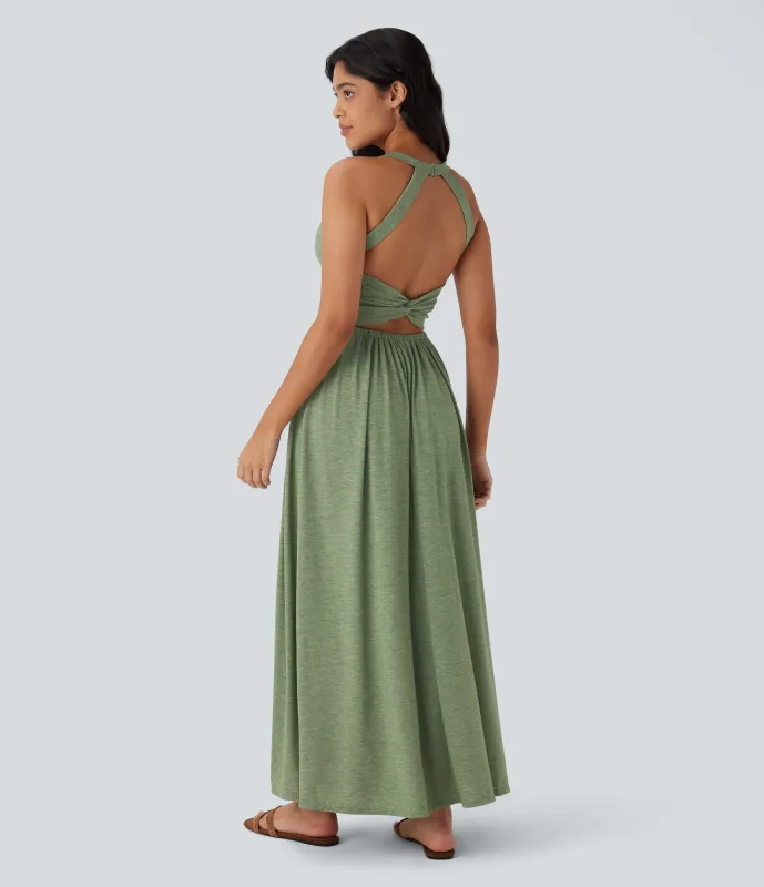 Halara Vestido largo playero fluido con abertura y bolsillos laterales y espalda abierta cruzada - Light Green Floral Yarn - XL sold by Halara