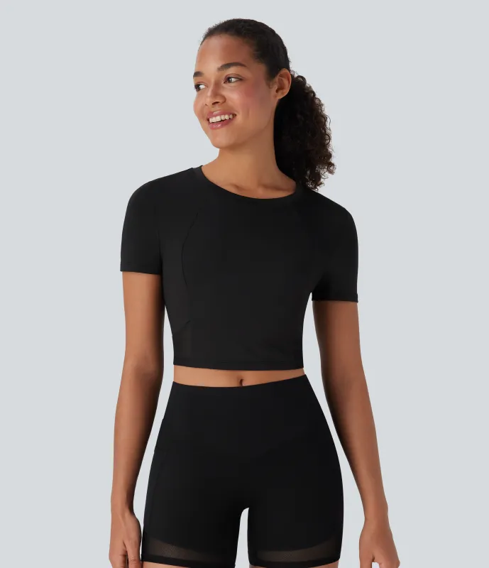 Halara Top deportivo corto de manga corta para yoga de tejido en contraste con cuello redondo de manga corta - Black - XL made by Halara