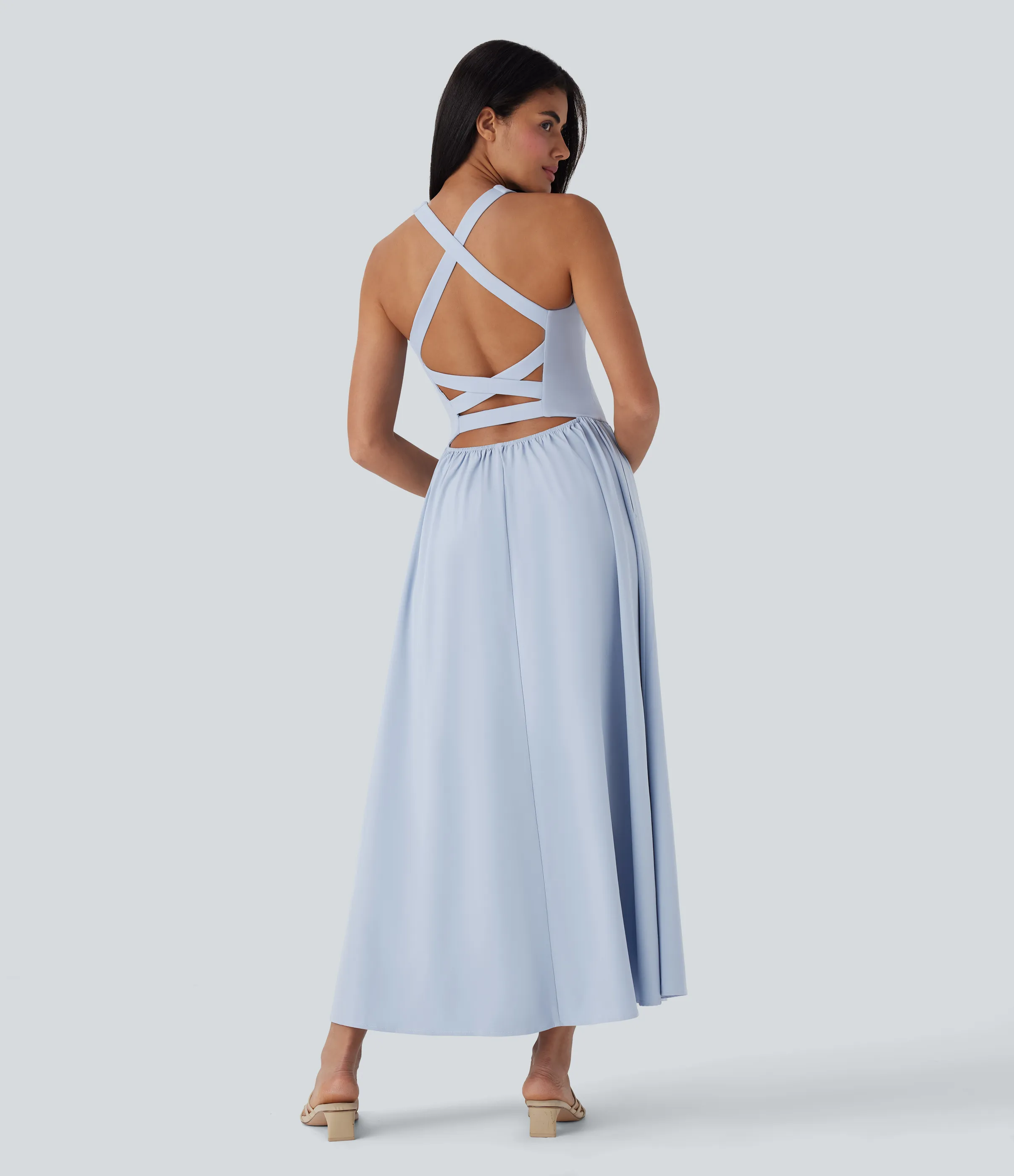 Halara Vestido largo casual Breezeful™ de secado rápido con espalda abierta cruzada y con bolsillos laterales - Ballad Blue - XS sold by Halara