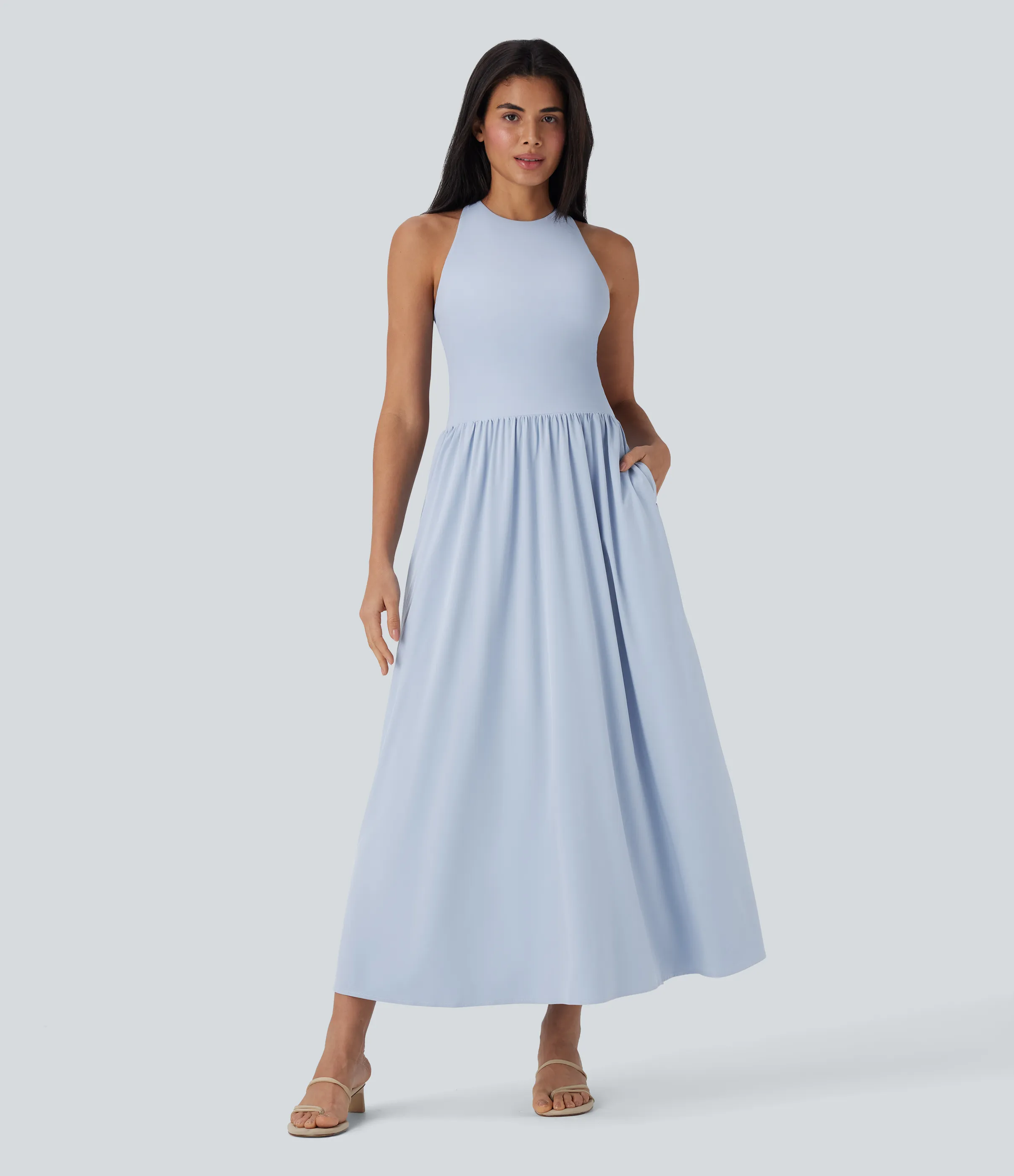 Halara Vestido largo casual Breezeful™ de secado rápido con espalda abierta cruzada y con bolsillos laterales - Ballad Blue - XS sold by Halara product image thumbnail 3