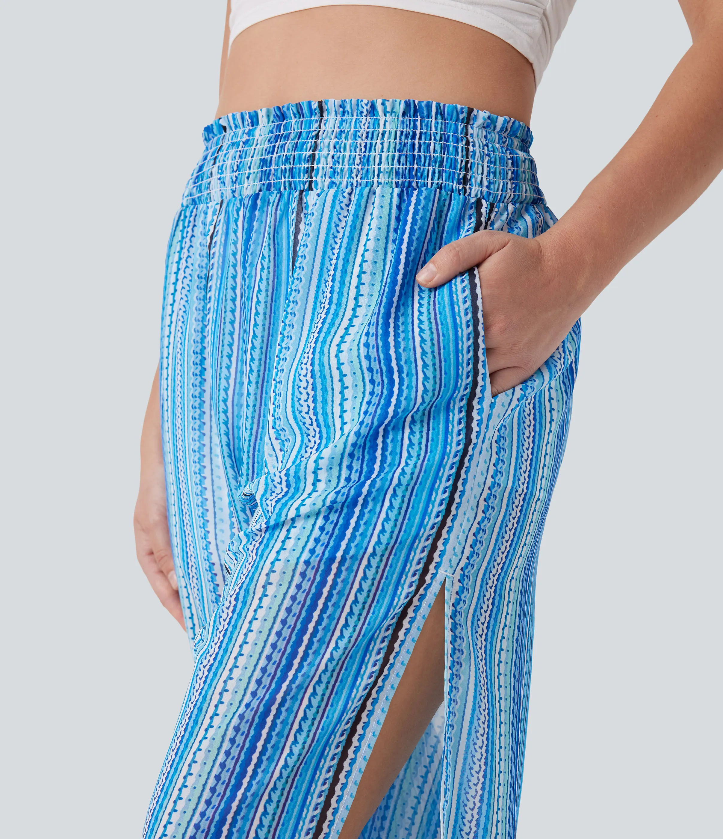 Halara Joggers casuales 2 en 1 de tiro alto a rayas con fruncido dividido y bolsillos - watercolor stripe - XL(regular) sold by Halara product image thumbnail 5