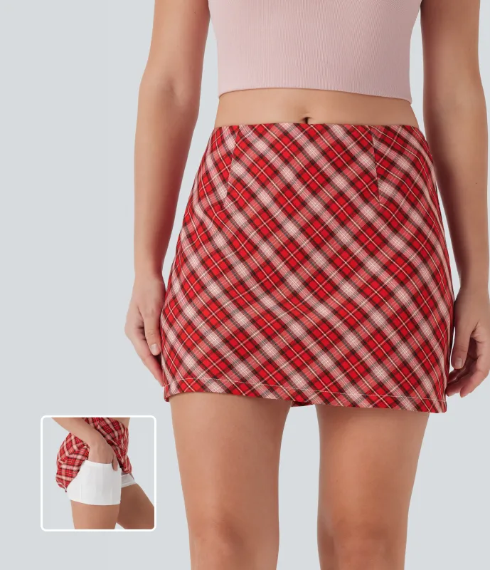 Halara Minifalda casual 2 en 1 a cuadros de tiro medio con cremallera invisible y corte A con bolsillo - Red White Plaid - XS(regular) made by Halara