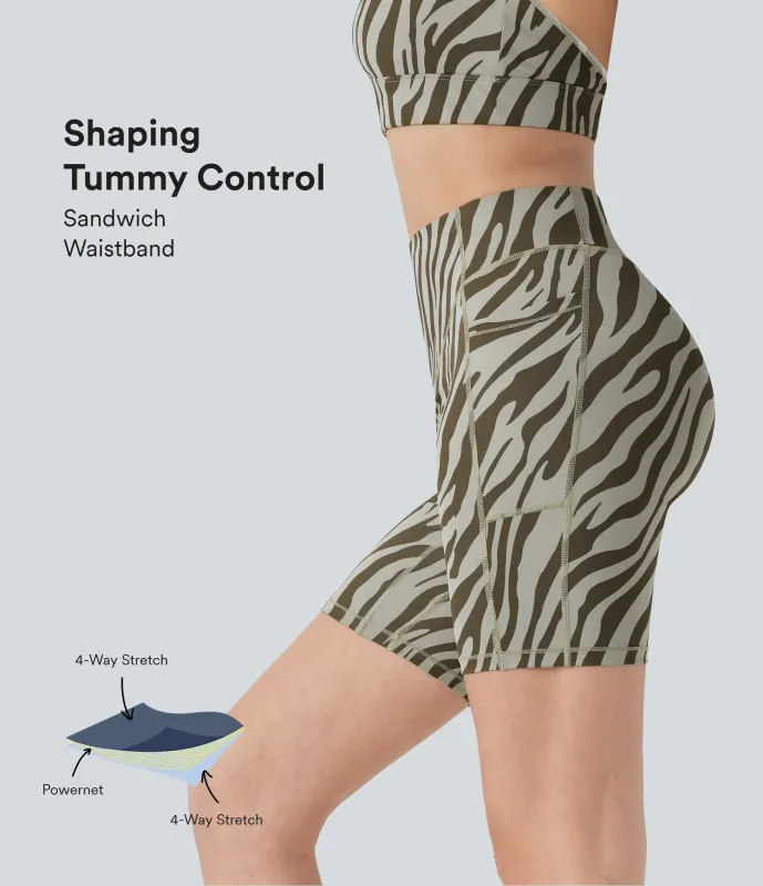 Halara Shorts biker de entrenamiento de 17.5 cm con estampado de cebra y efecto moldeador de abdomen con tiro alto y bolsillos  - Sage Zebra - S sold by Halara