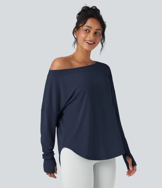 Halara Top deportivo de yoga de secado rápido de manga larga con hombro asimétrico, dobladillo curvo y abertura para el pulgar - Mood Indigo - XS made by Halara