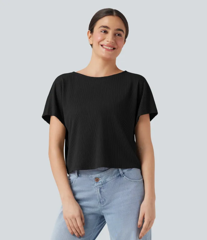 Halara Camiseta casual holgada de punto acanalado con mangas de murciélago - Black - L made by Halara