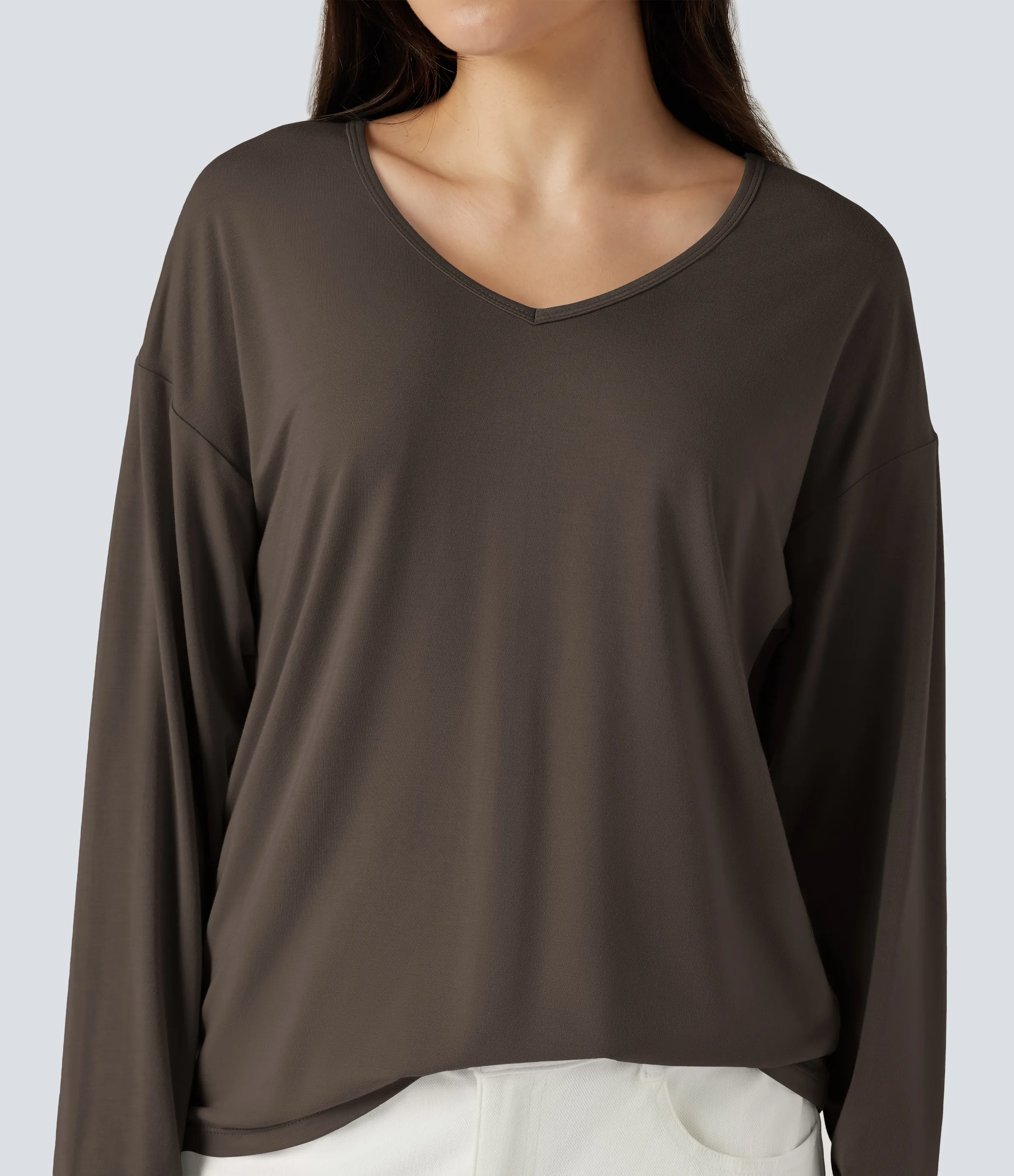 Halara Top casual de manga larga con cuello en V - Coffee Bean - L sold by Halara product image thumbnail 5