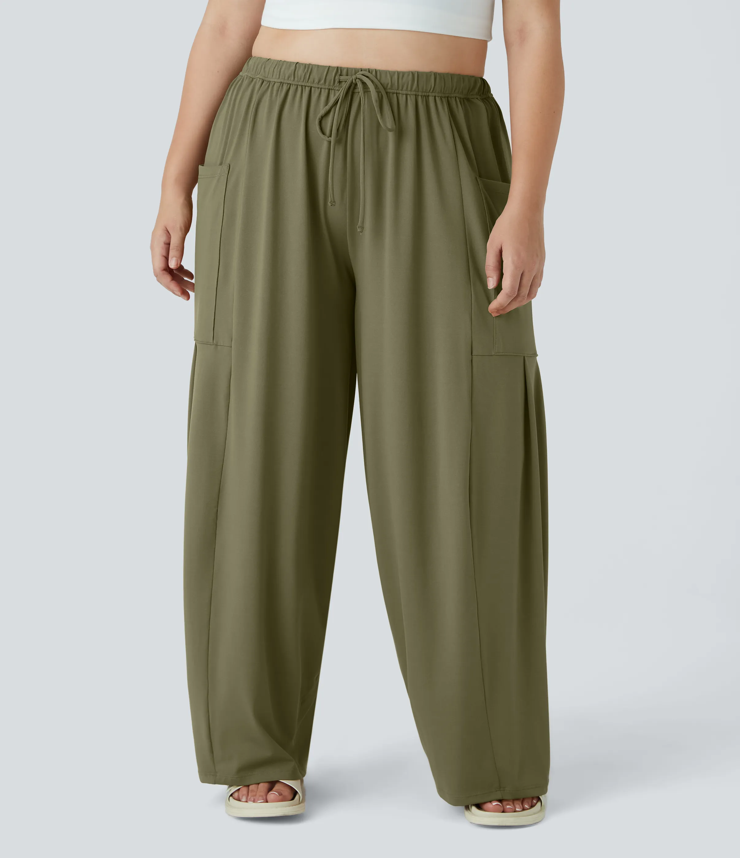 Halara Pantalones Palazzo fluidos de tiro medio con cintura elástica, cordón y bolsillos laterales en tallas grandes - Capulet Olive - 2X(regular) sold by Halara product image thumbnail 4