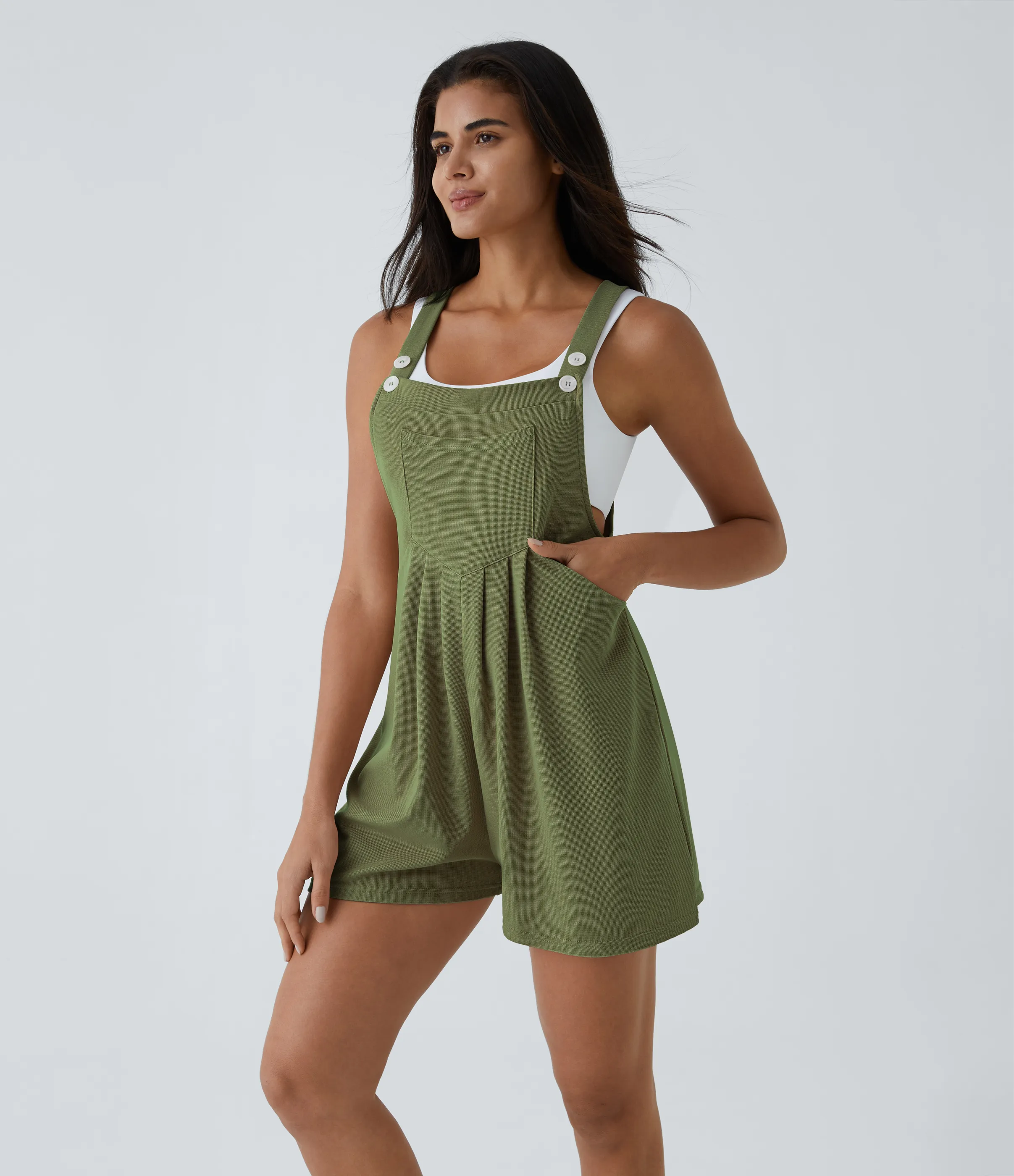 Halara Overol botón correa ajustable bolsillo múltiple gofre plisado - Loden Green - XS sold by Halara product image thumbnail 4