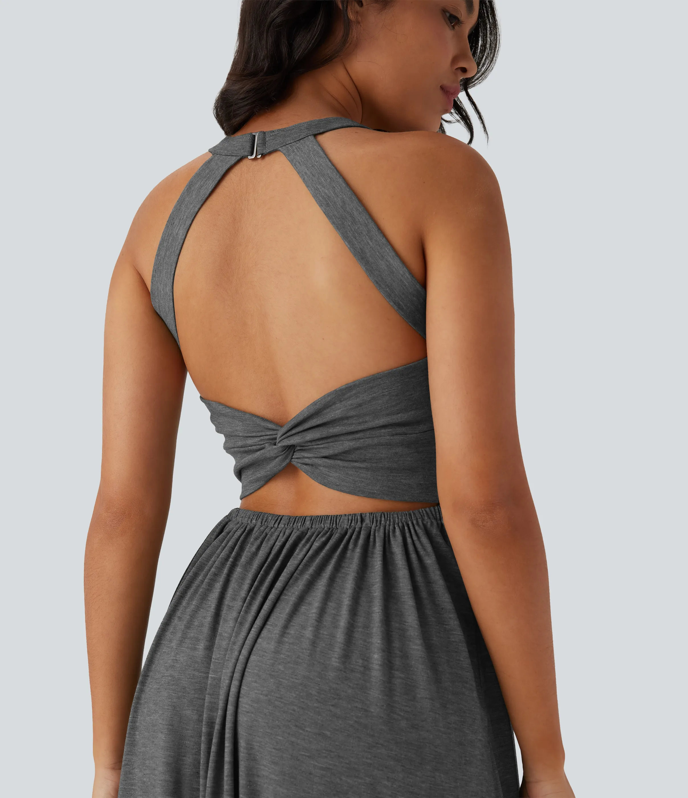 Halara Vestido largo playero fluido con abertura y bolsillos laterales y espalda abierta cruzada - Darl Gray Floral Yarn - L sold by Halara product image thumbnail 5