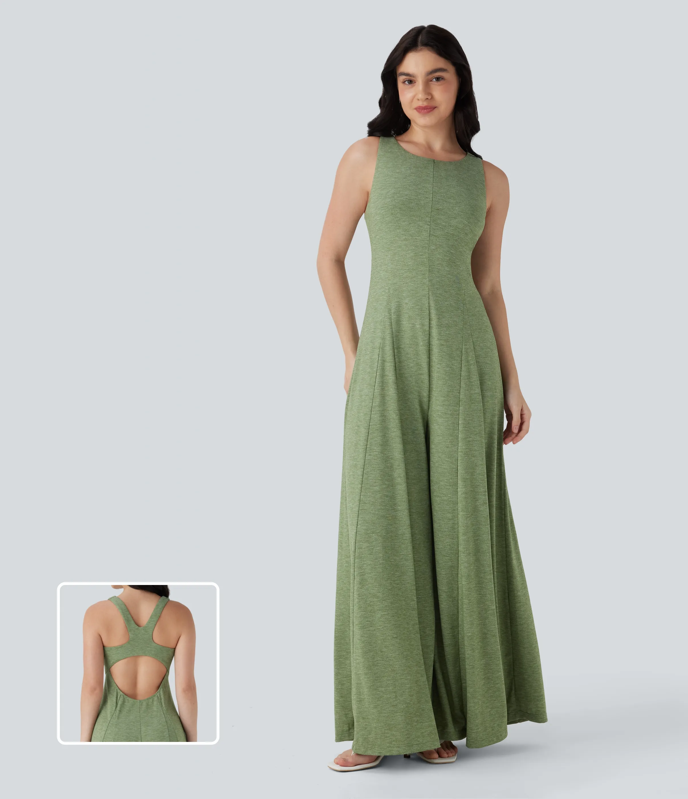 Halara Mono fluido ancho sin mangas y espalda descubierta con cortes - Light Green Floral Yarn - L(regular) sold by Halara product image thumbnail 2