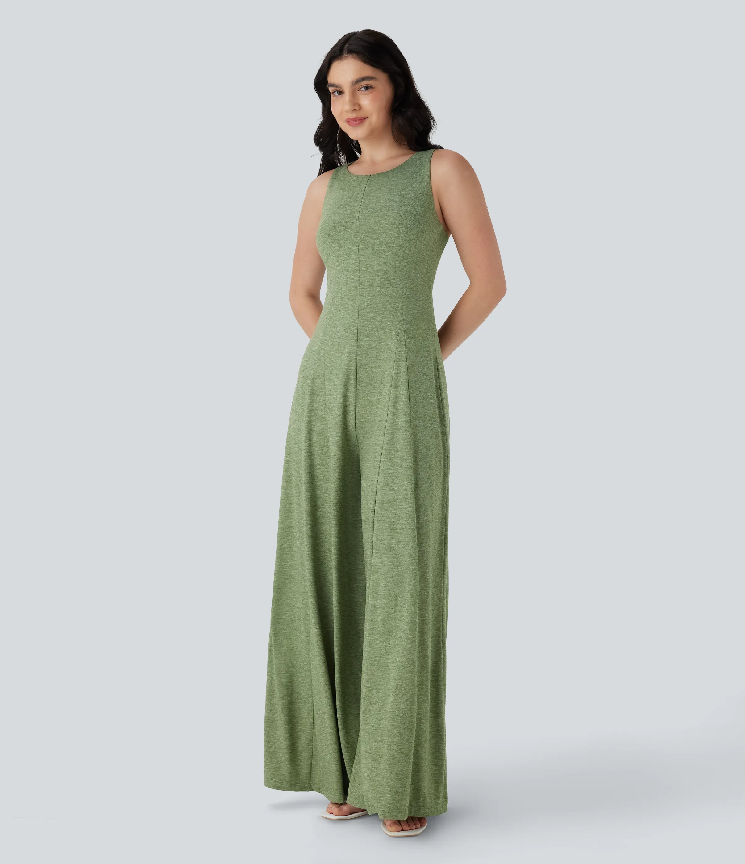 Halara Mono fluido ancho sin mangas y espalda descubierta con cortes - Light Green Floral Yarn - L(regular) sold by Halara product image thumbnail 4