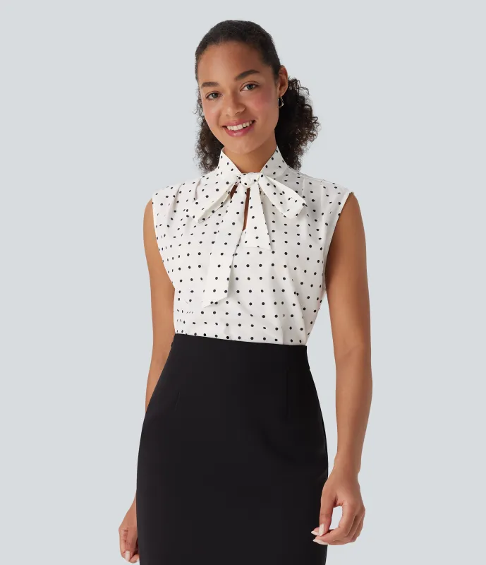 Halara Camisa de oficina sin mangas con lunares y lazo en la parte delantera - Black Polka - XS made by Halara