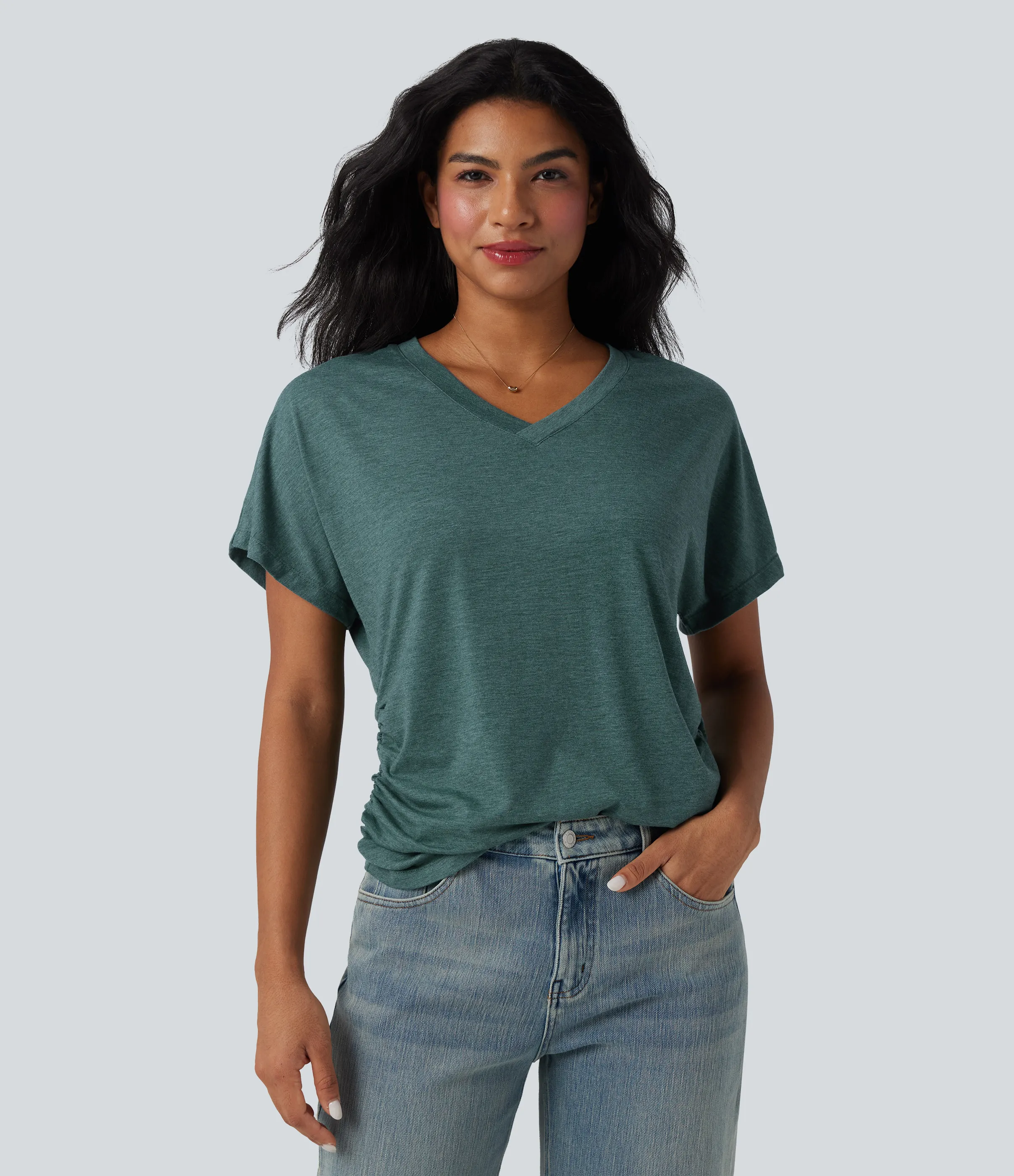 Halara Top casual holgado de manga corta con cuello en V y fruncido - Jade Green Floral Yarn - M sold by Halara product image thumbnail 2