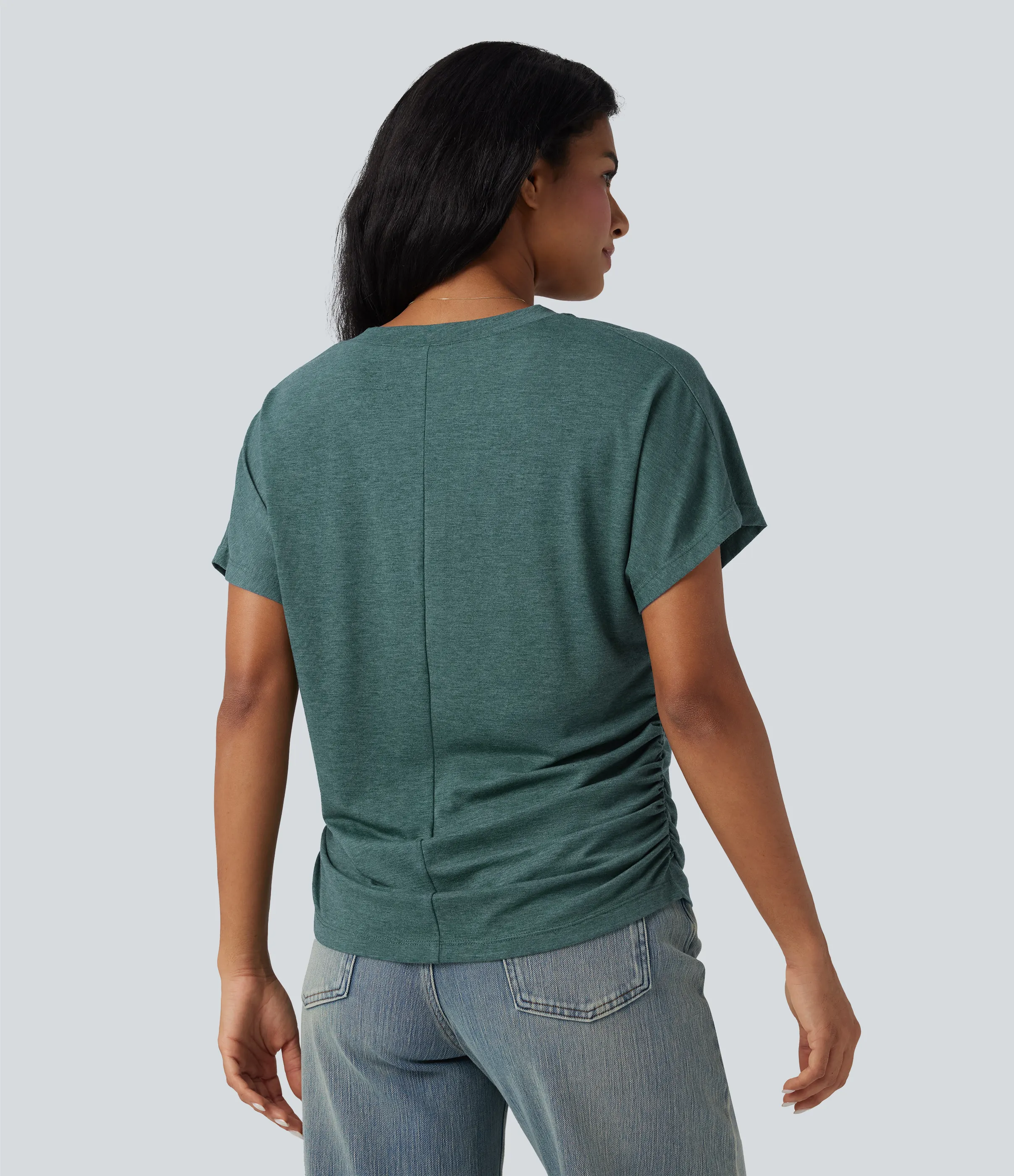 Halara Top casual holgado de manga corta con cuello en V y fruncido - Jade Green Floral Yarn - M sold by Halara product image thumbnail 3