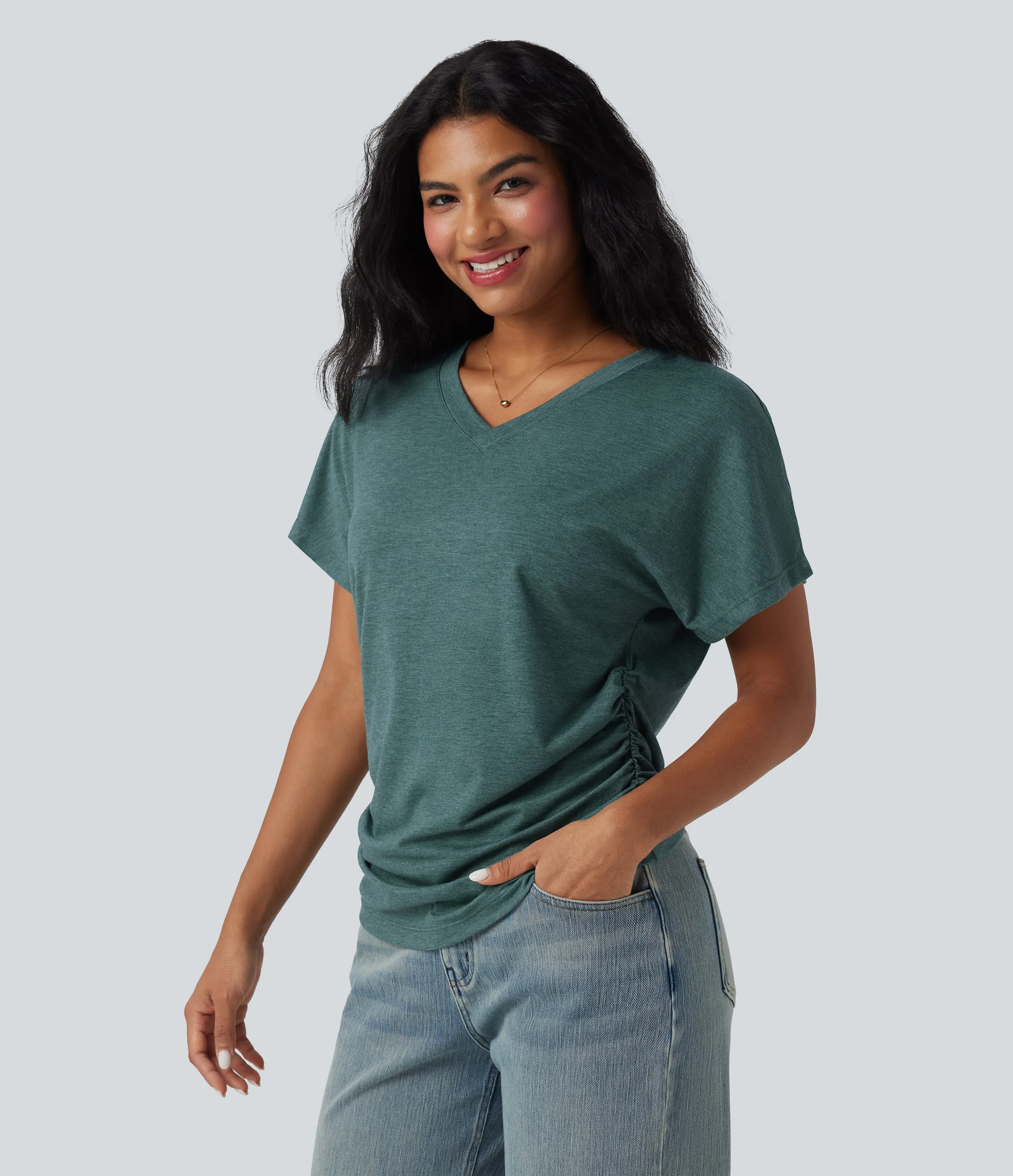 Halara Top casual holgado de manga corta con cuello en V y fruncido - Jade Green Floral Yarn - M sold by Halara product image thumbnail 4