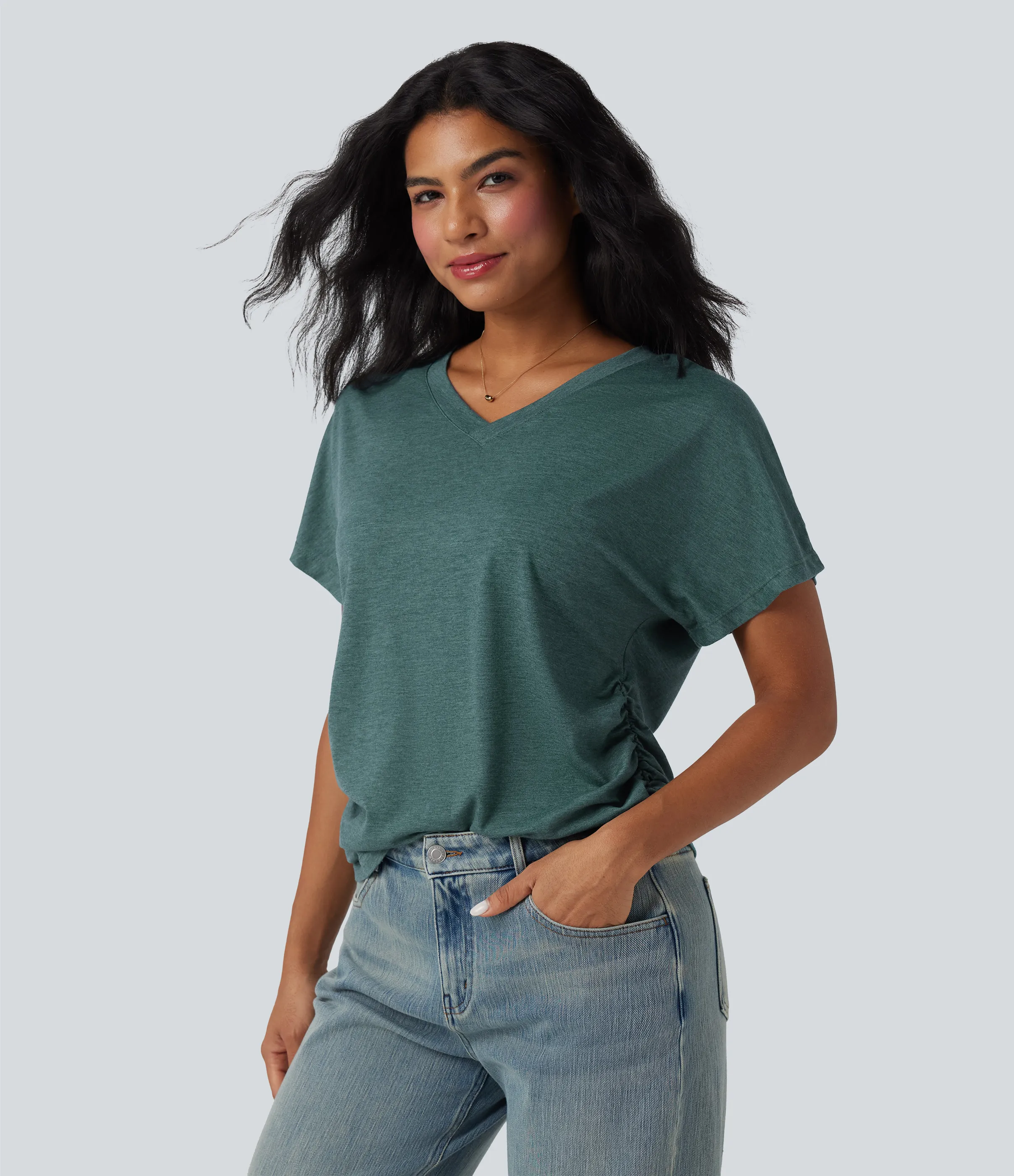 Halara Top casual holgado de manga corta con cuello en V y fruncido - Jade Green Floral Yarn - M sold by Halara product image thumbnail 5