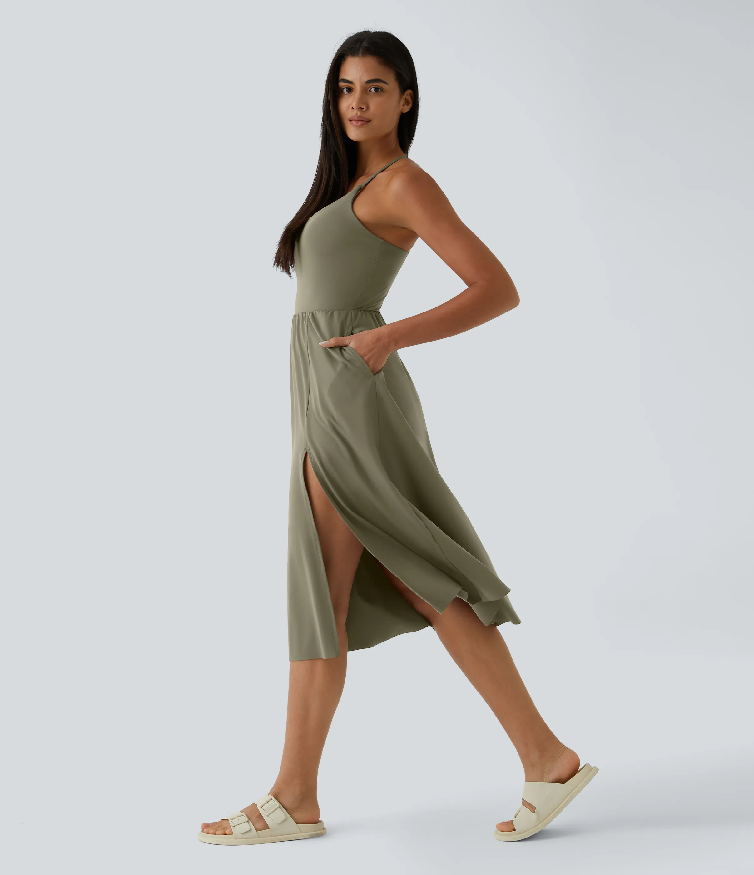 Halara Vestido midi bolsillo lateral espalda cruzada - Withered Green - L sold by Halara product image thumbnail 4