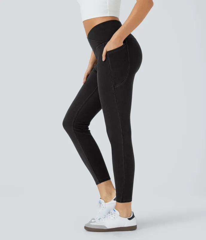 Halara Leggings Halara Flex™ Denim oficina mezclilla elástico lavado bolsillo lateral cruzado - Black Denim - L(full_length) made by Halara