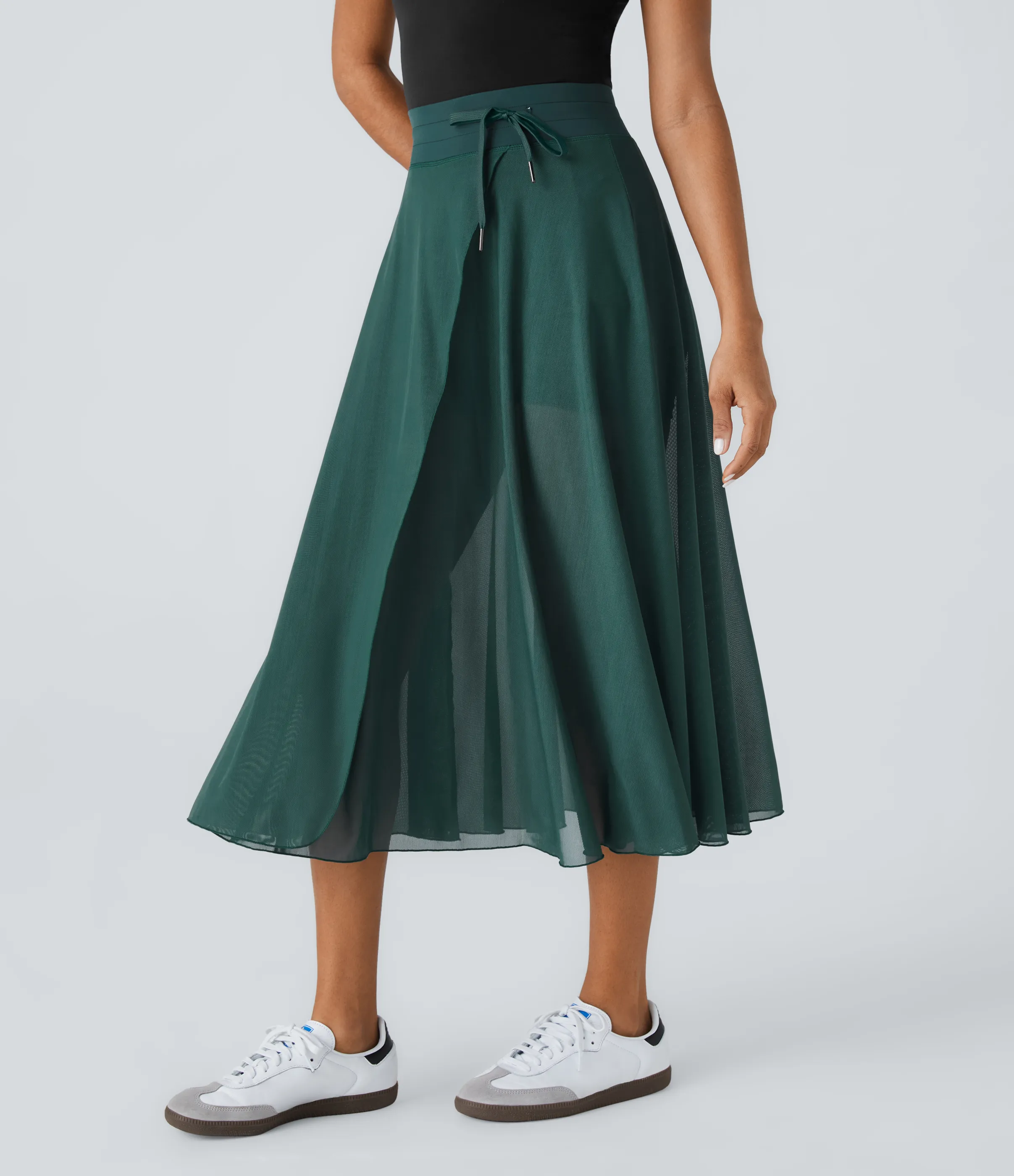 Halara Falda midi casual 2 en 1 acampanada con bolsillo lateral de tiro alto con cordón y malla en contraste - Nature Green - S sold by Halara product image thumbnail 4