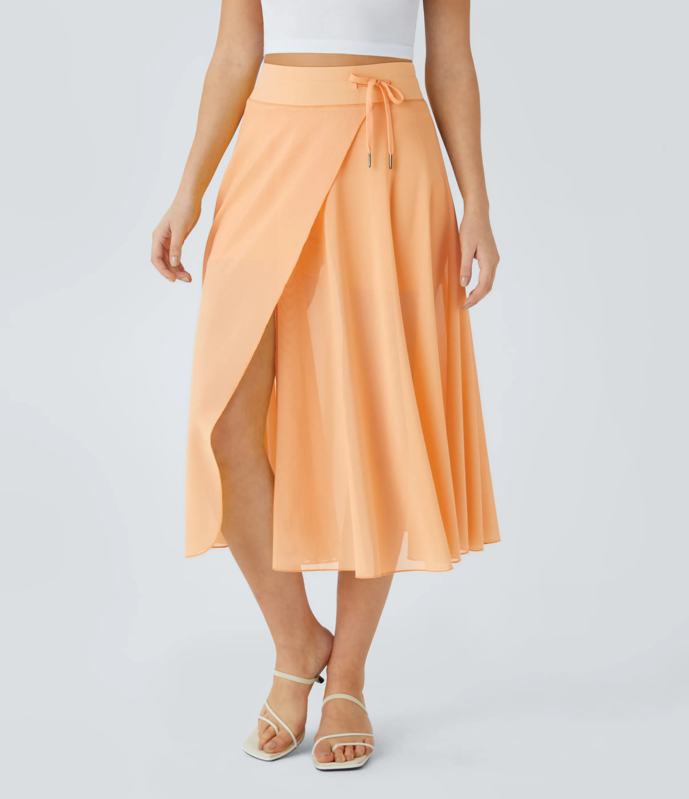 Halara Falda midi casual 2 en 1 acampanada con bolsillo lateral de tiro alto con cordón y malla en contraste - Peach Cobbler - XS sold by Halara product image thumbnail 4