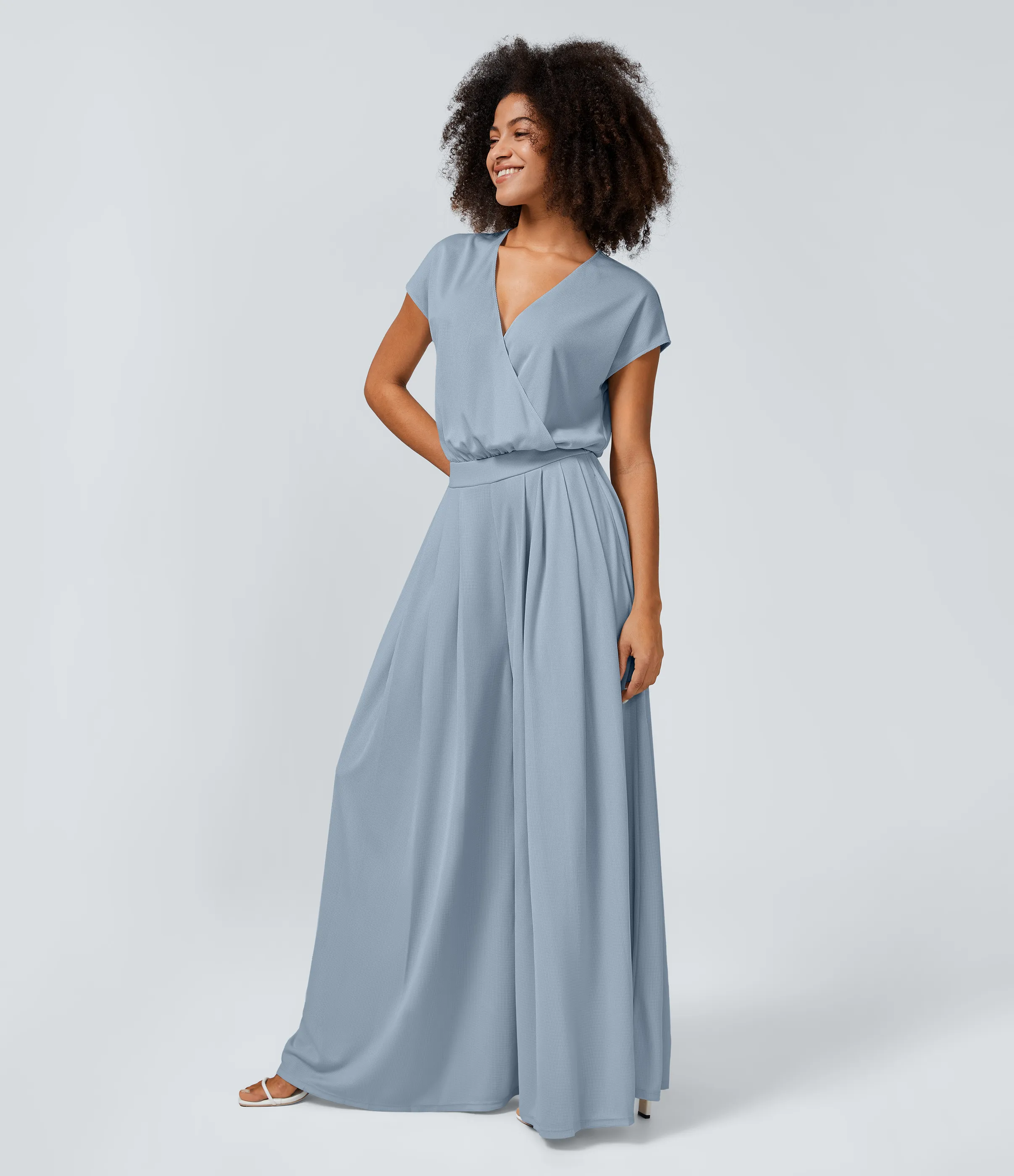 Halara Mono cuello V manga corta bolsillo lateral plisado pierna ancha - Quiet Blue - XS(tall) sold by Halara product image thumbnail 4