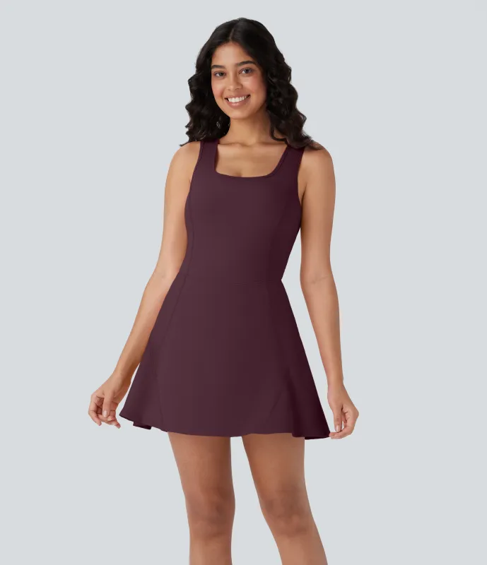 Halara Vestido mini Softlyzero™ Airy baile activo cuello U cruzado sin espalda bolsillo lateral 2 en 1 - Fig - L made by Halara