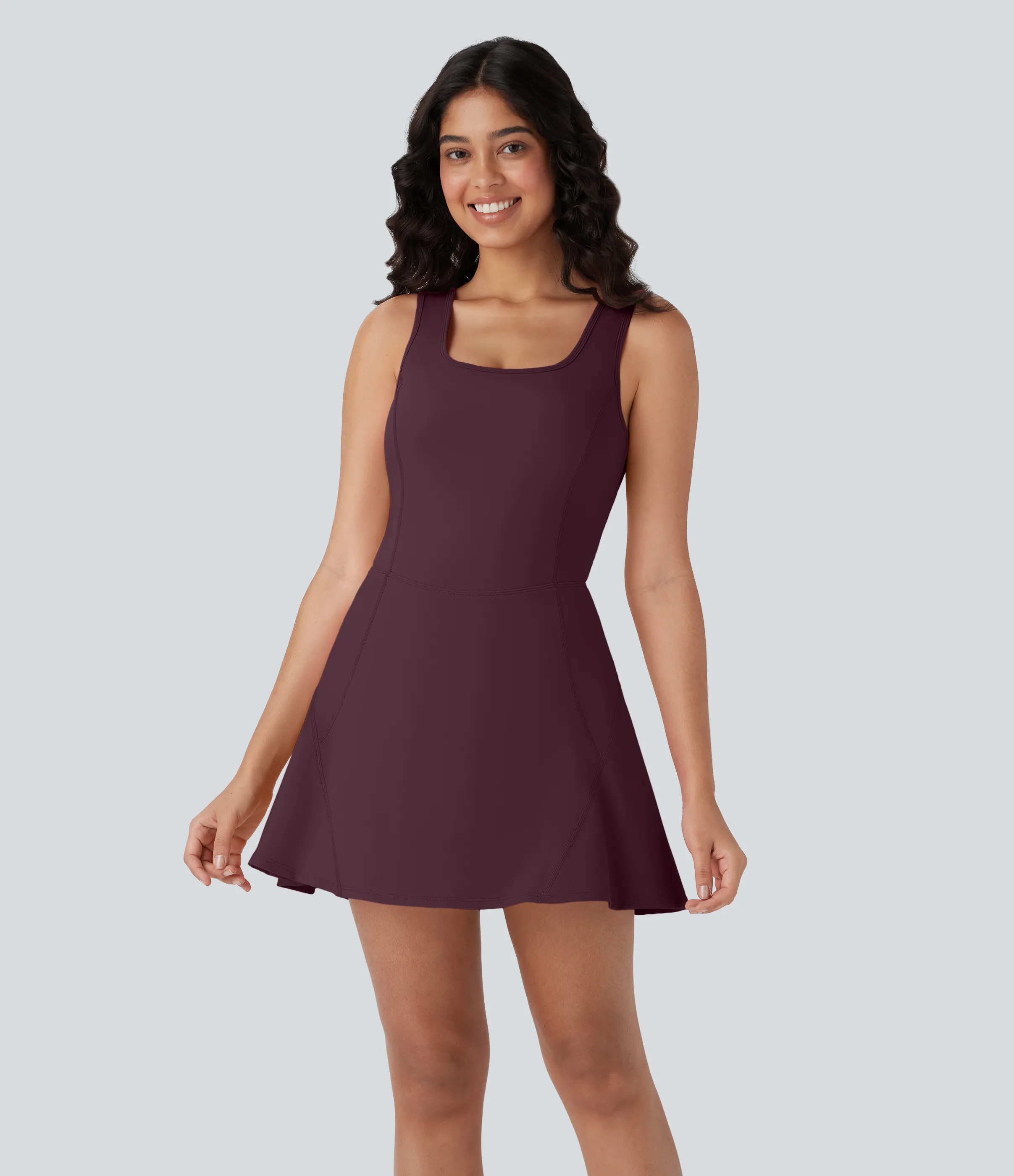 Halara Vestido mini Softlyzero™ Airy baile activo cuello U cruzado sin espalda bolsillo lateral 2 en 1 - Fig - L sold by Halara