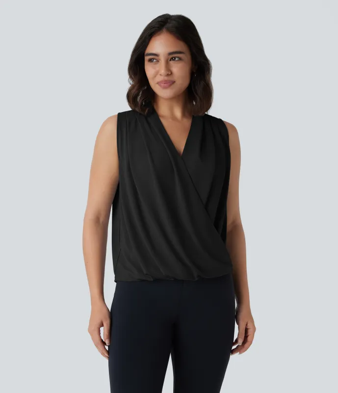 Halara Blusa oficina cruzada sin mangas botón cuello V - Black - XS made by Halara