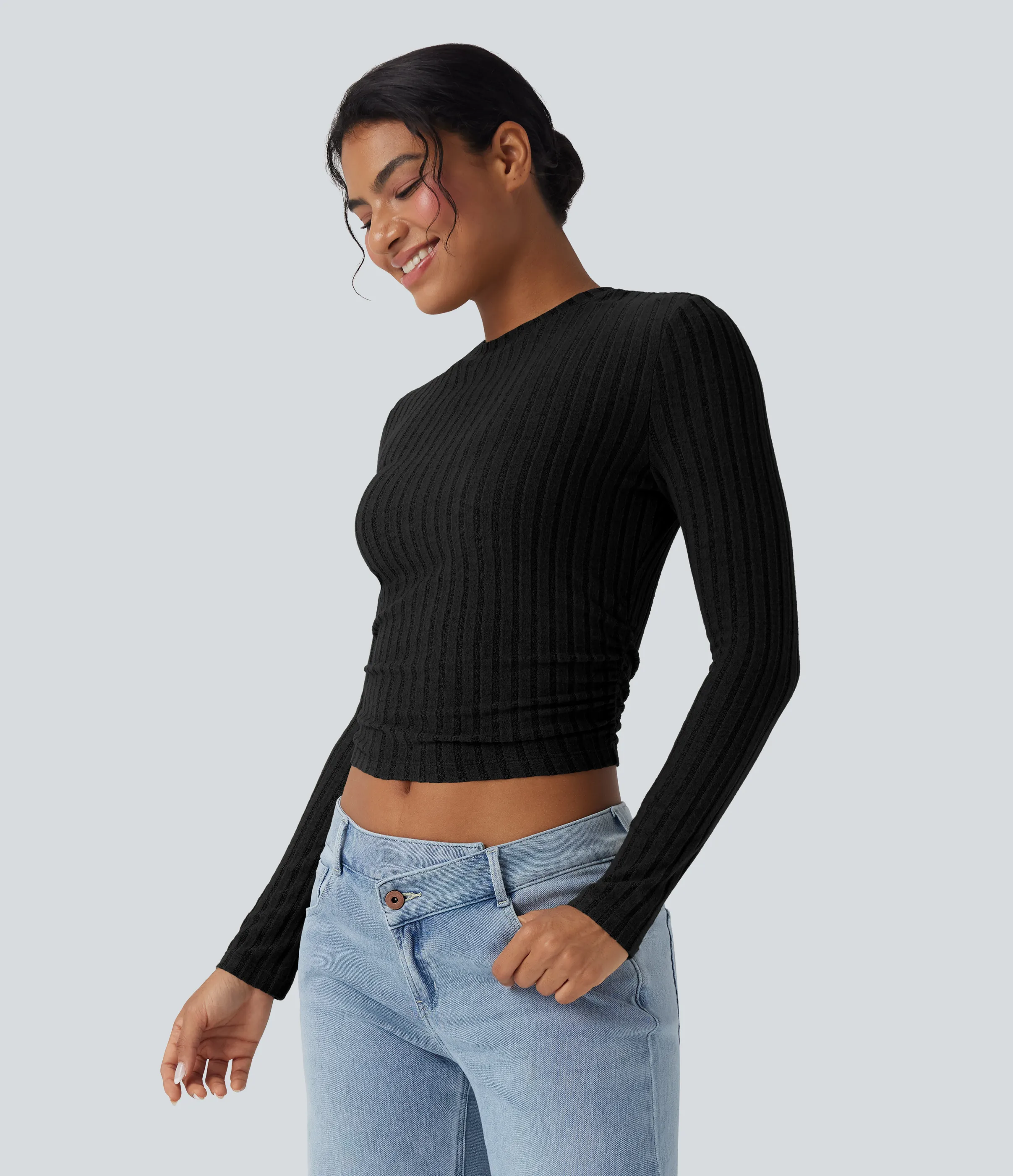 Halara Top casual corto de manga larga con punto acanalado - Black - XL sold by Halara product image thumbnail 4