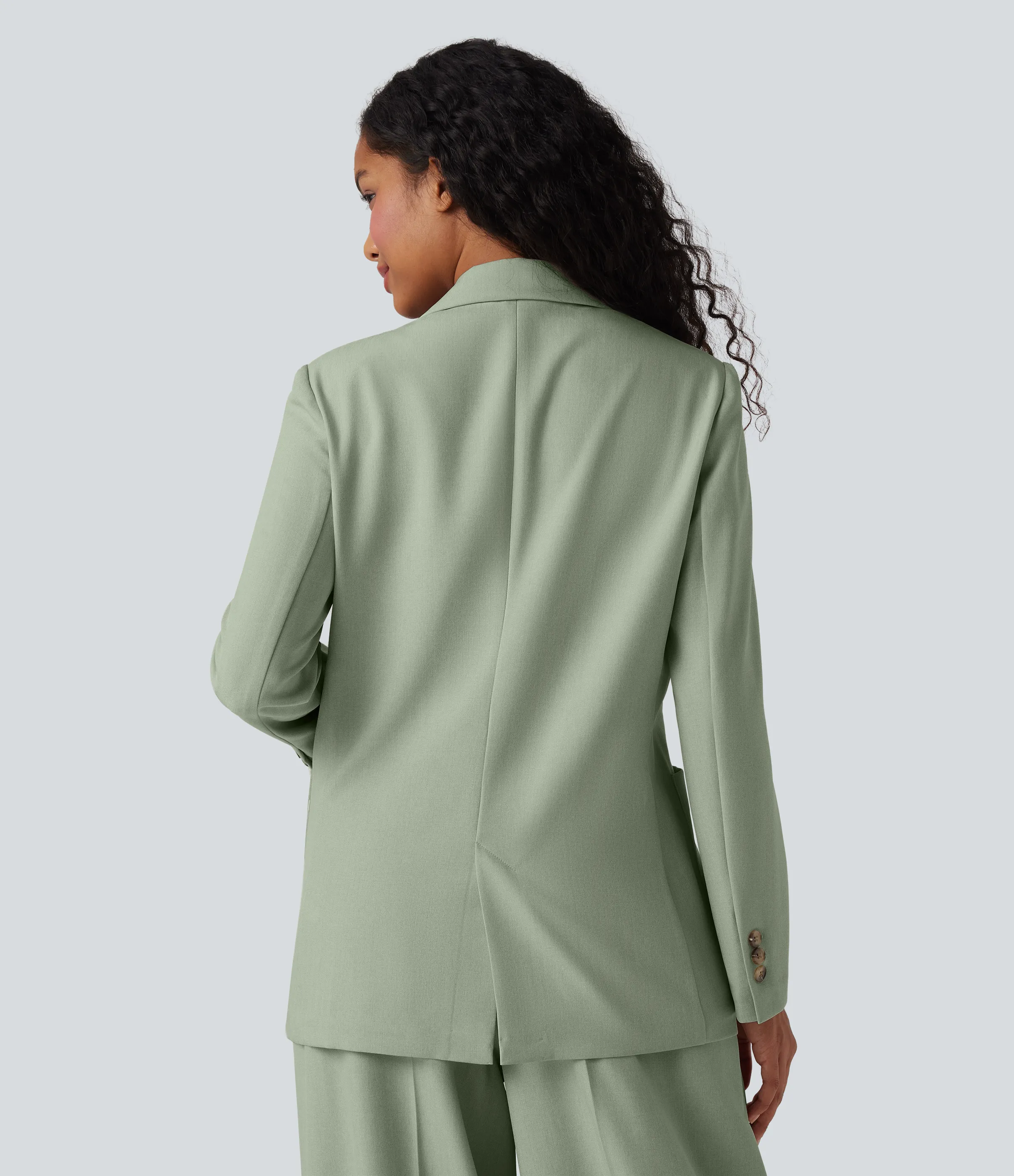 Halara Blazer de oficina de lino antiarrugas de manga larga con solapas y bolsillos - Sage Herringbone - M sold by Halara product image thumbnail 3