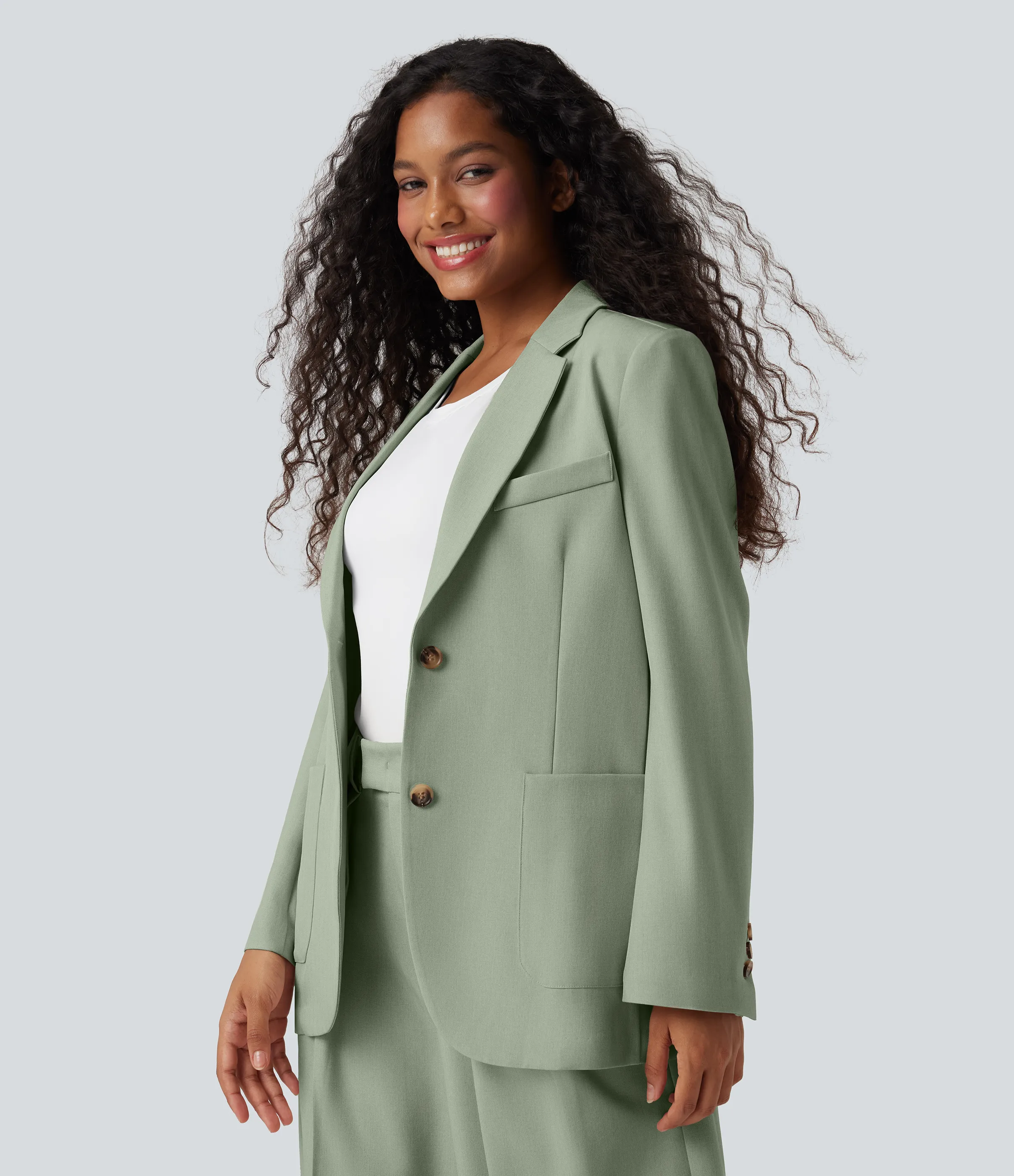 Halara Blazer de oficina de lino antiarrugas de manga larga con solapas y bolsillos - Sage Herringbone - M sold by Halara product image thumbnail 4