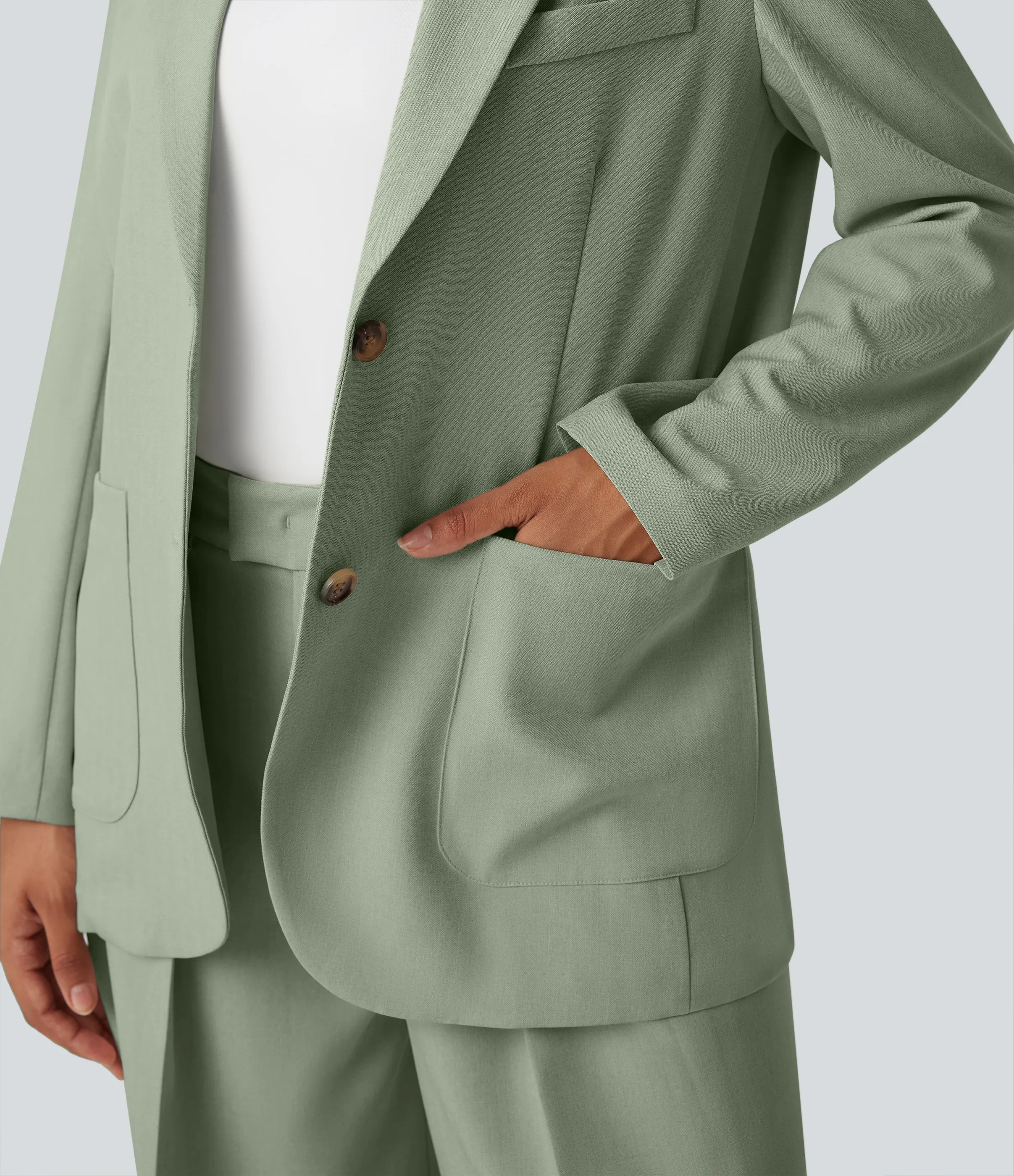 Halara Blazer de oficina de lino antiarrugas de manga larga con solapas y bolsillos - Sage Herringbone - M sold by Halara product image thumbnail 5