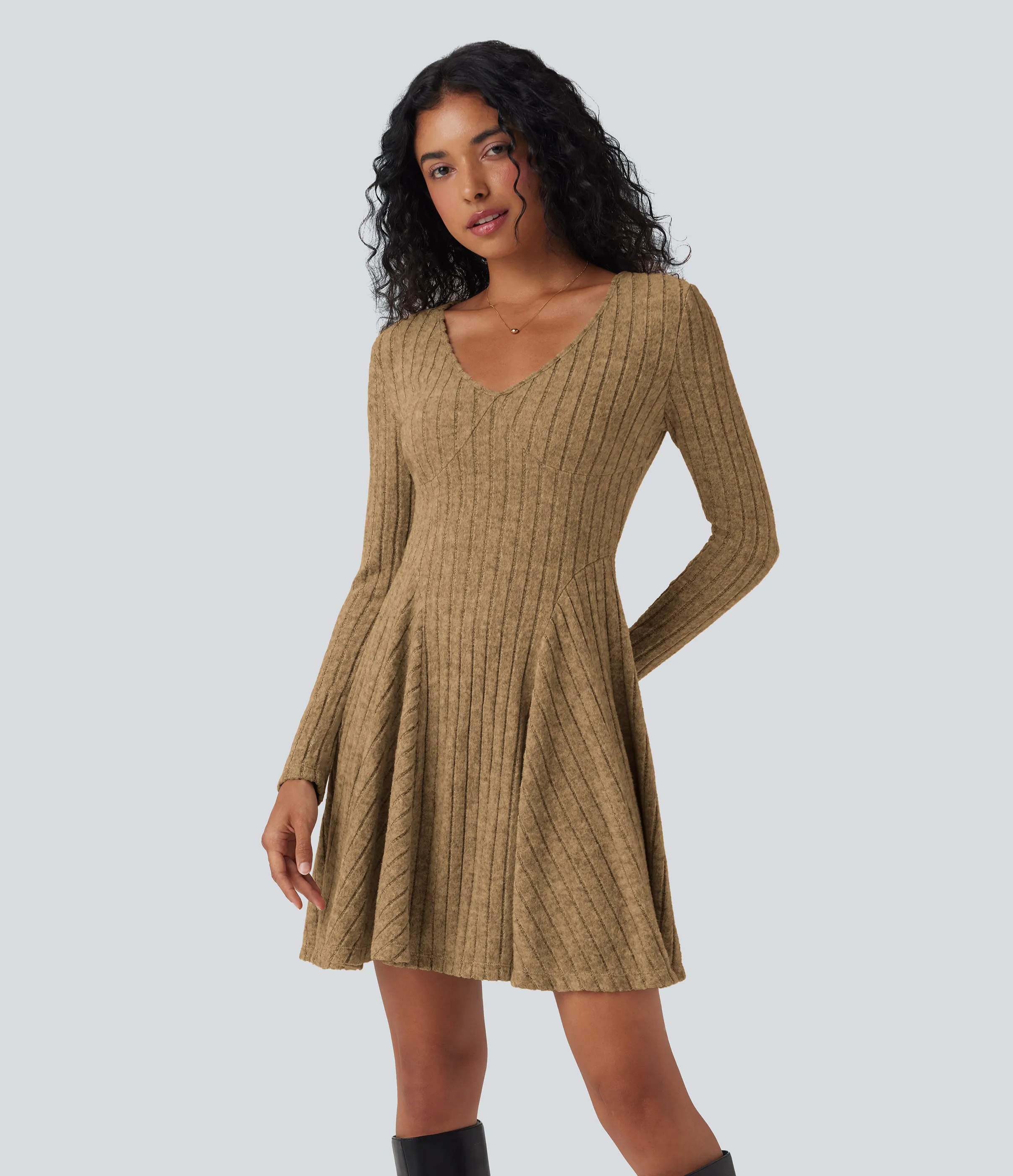 Halara Vestido mini casual acampanado de punto acanalado con cuello en V y manga larga - Tan - XS sold by Halara product image thumbnail 4