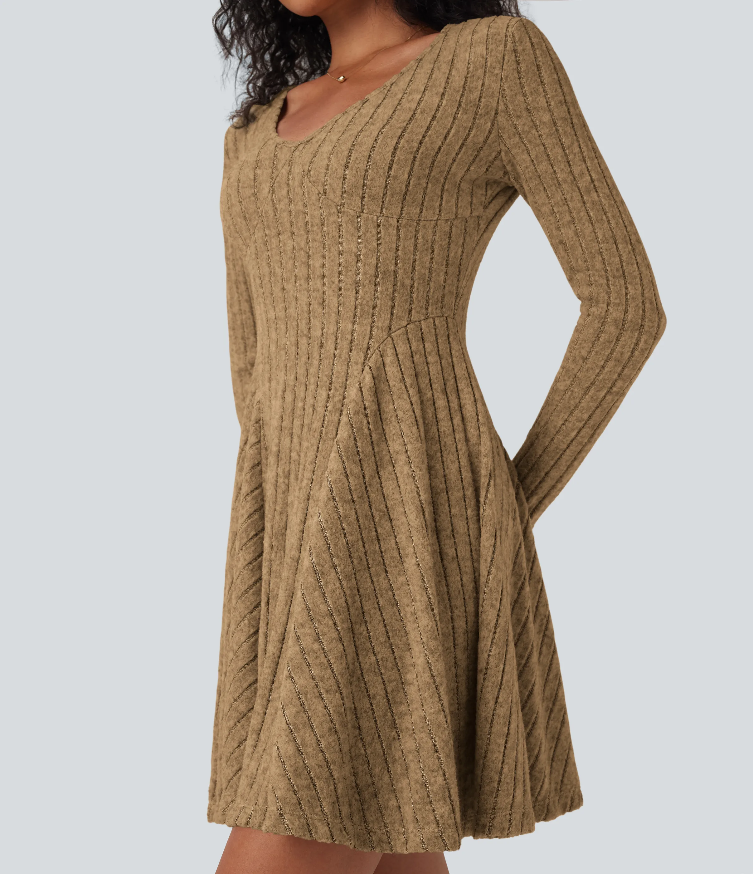 Halara Vestido mini casual acampanado de punto acanalado con cuello en V y manga larga - Tan - XS sold by Halara product image thumbnail 5