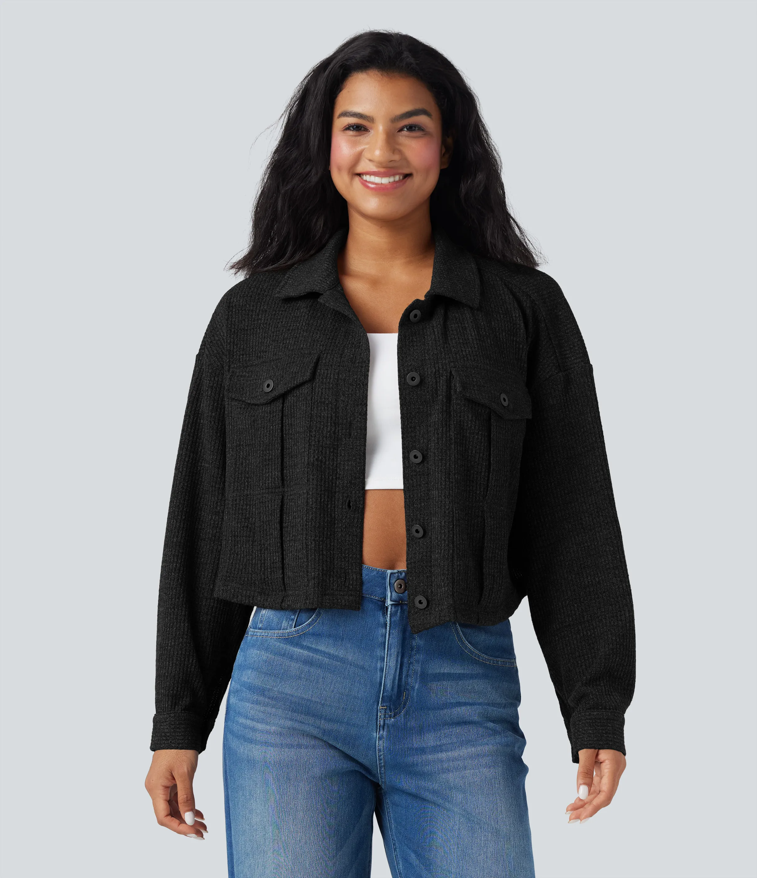 Halara Chamarra casual de punto gofre de manga larga con bolsillos - Black - XL sold by Halara