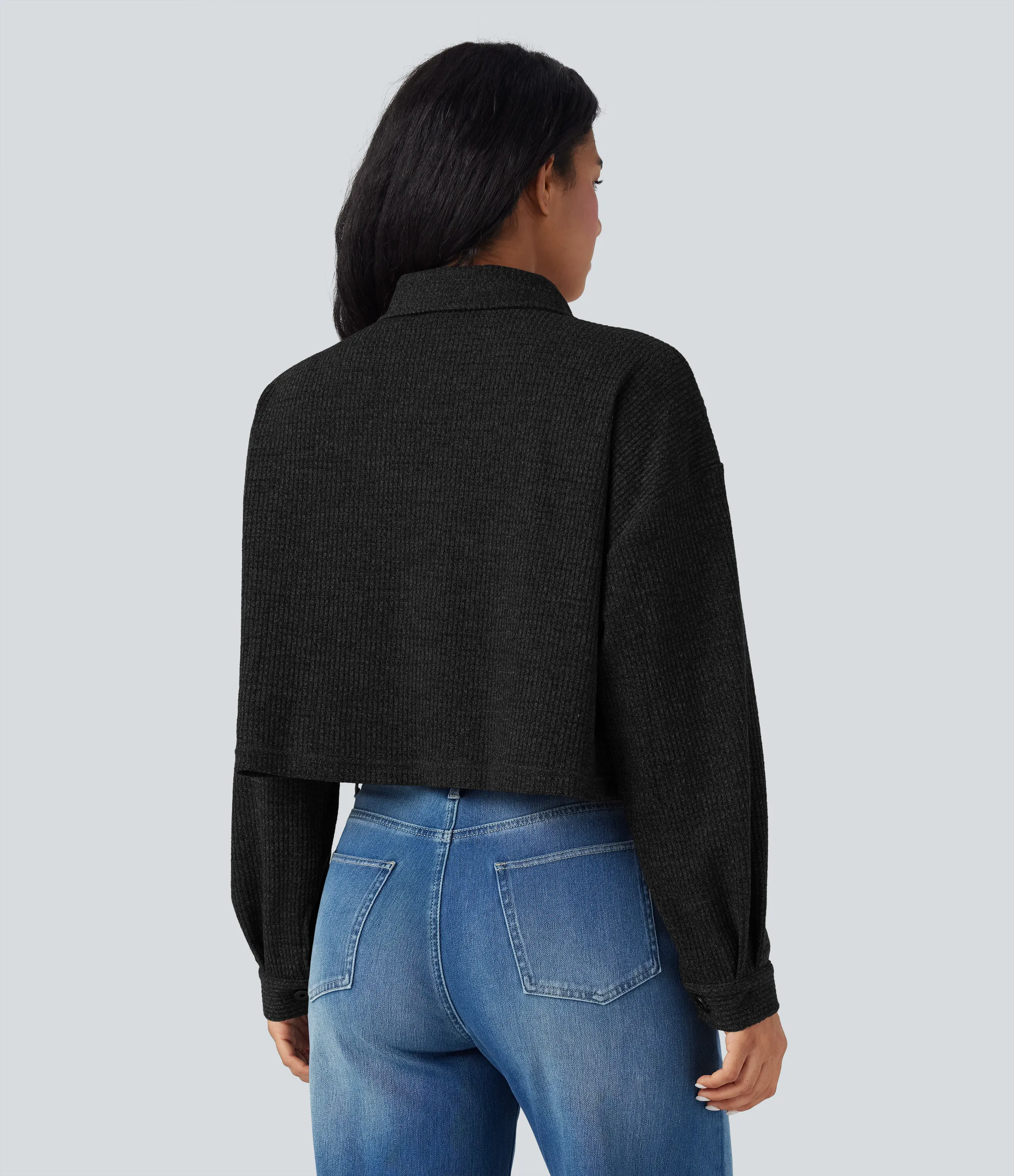 Halara Chamarra casual de punto gofre de manga larga con bolsillos - Black - XL sold by Halara product image thumbnail 3