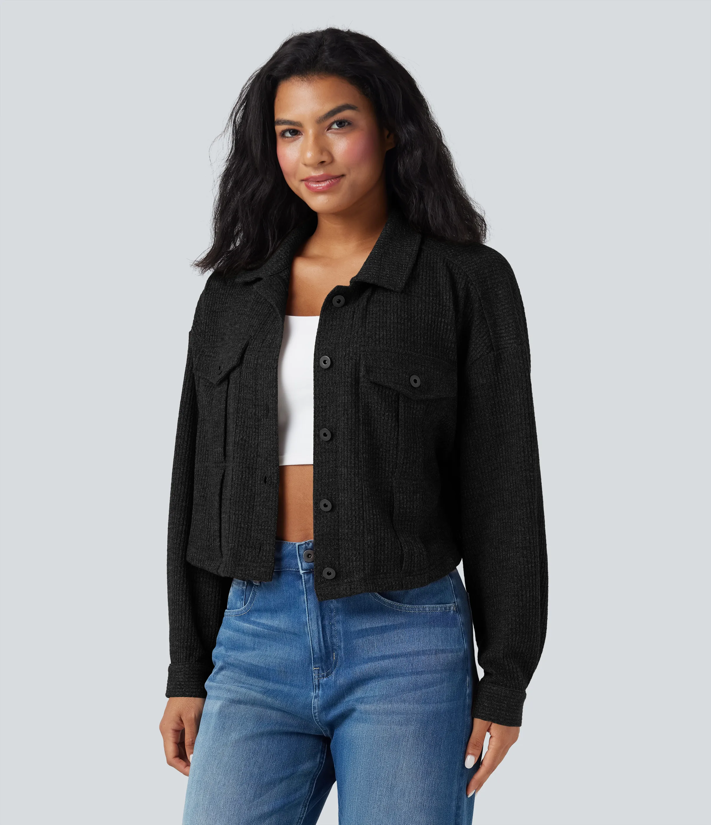 Halara Chamarra casual de punto gofre de manga larga con bolsillos - Black - XL sold by Halara product image thumbnail 4