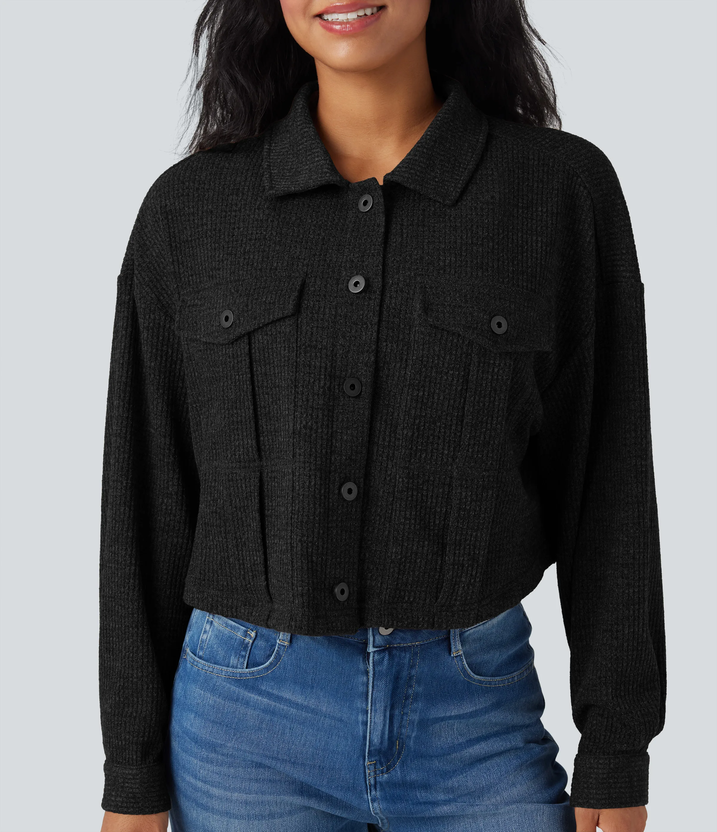 Halara Chamarra casual de punto gofre de manga larga con bolsillos - Black - XL sold by Halara product image thumbnail 5