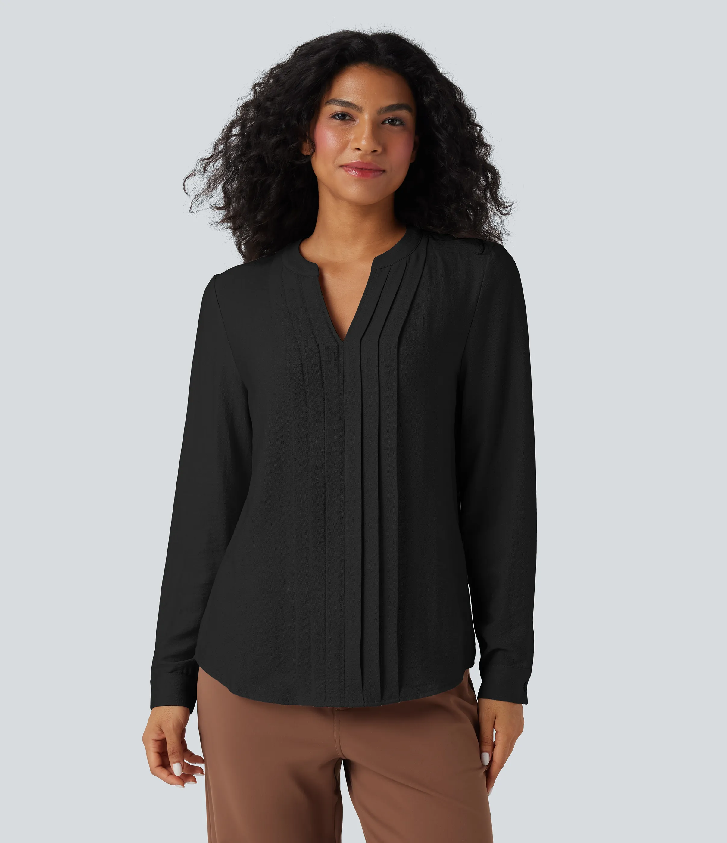 Halara Blusa de oficina plisada de corte relajado con cuello en V y manga larga - Black - M sold by Halara product image thumbnail 5