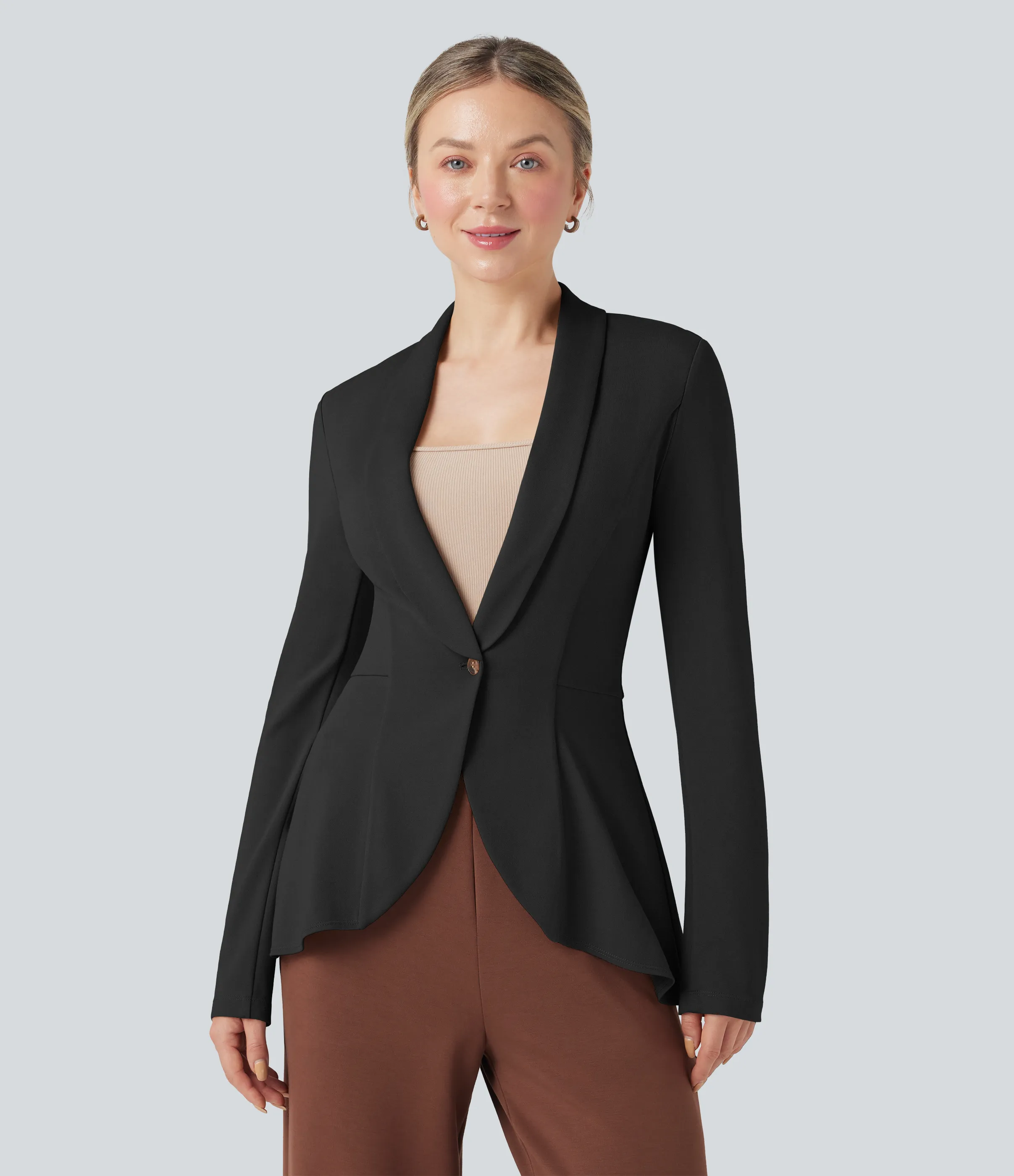 Halara Abrigo de oficina Halara Flex™ de manga larga con cuello chal y dobladillo con volantes - Black - S sold by Halara