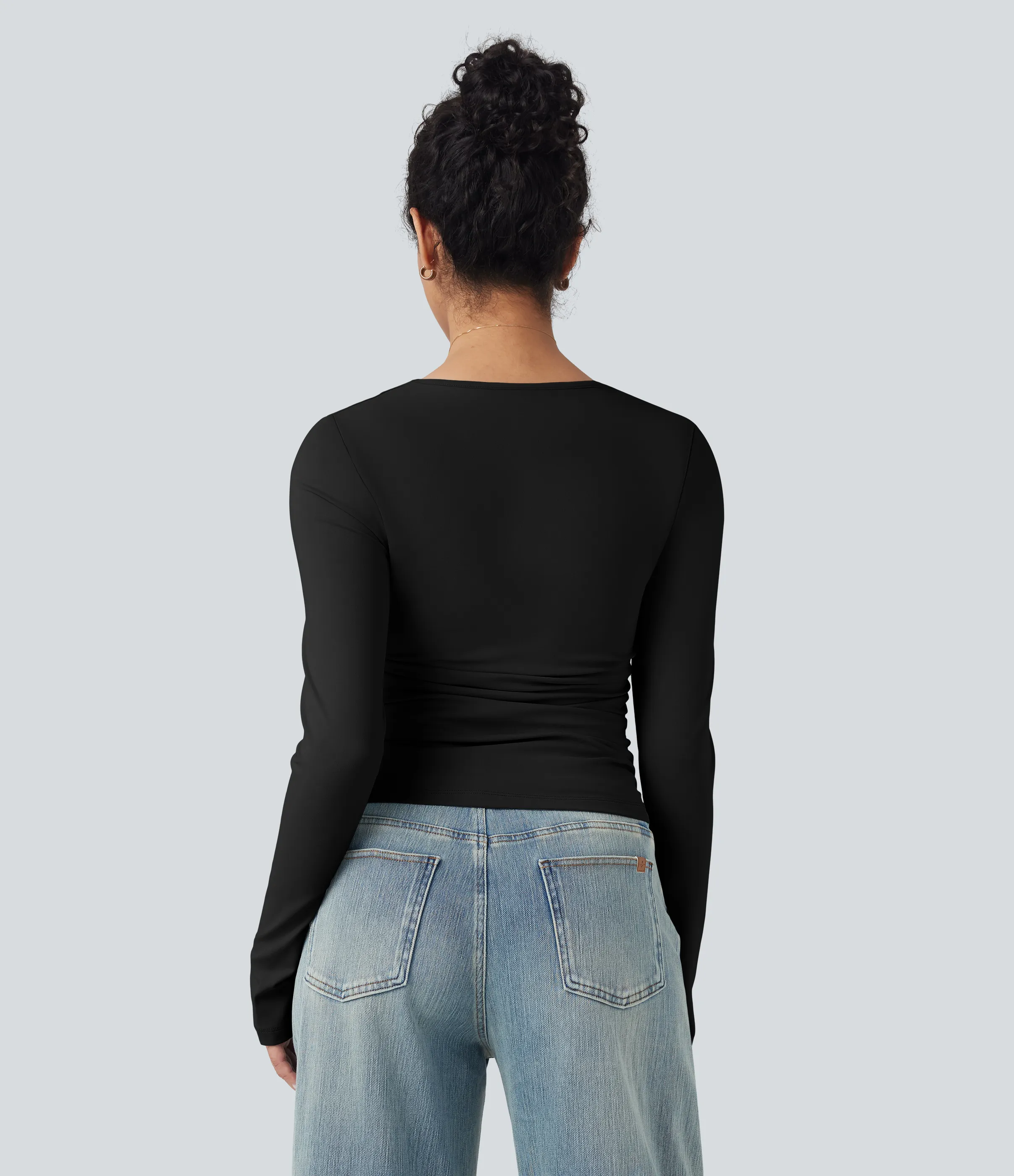 Halara Top casual ajustado con cuello cuadrado de manga larga y fruncido - Black - S sold by Halara product image thumbnail 3